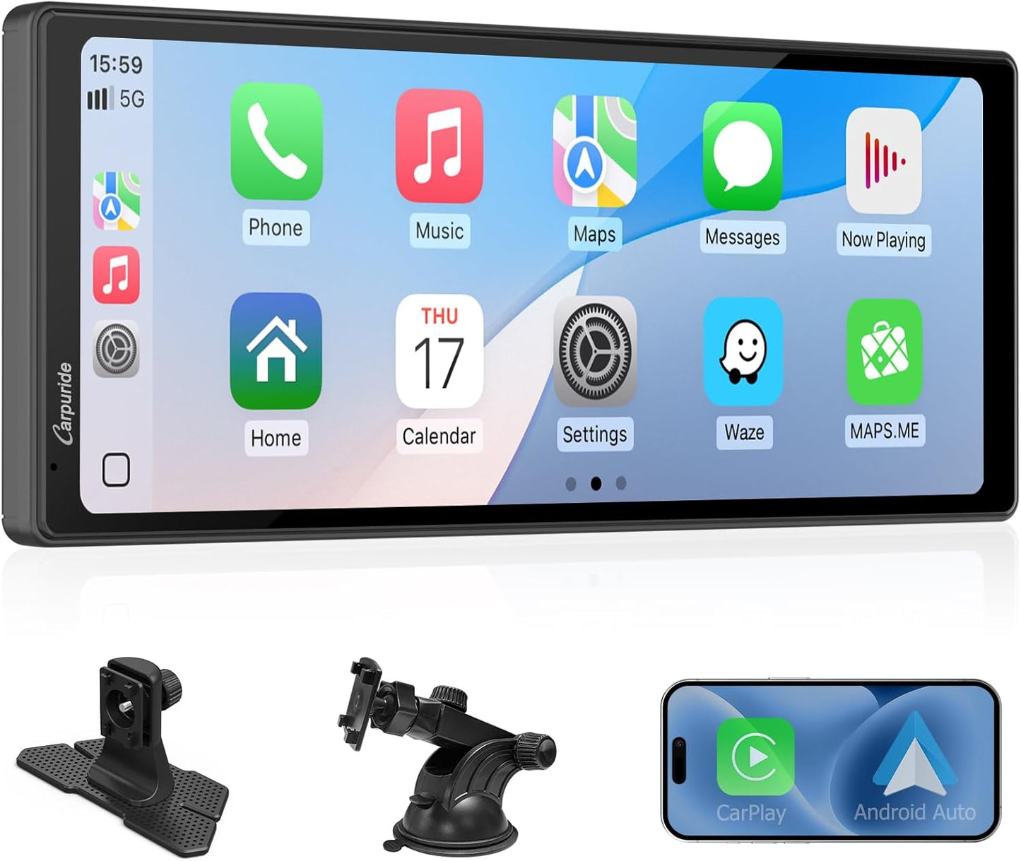 CARPURIDE 10.26 Inch Wireless/Wired Apple CarPlay, Android Auto and Mirror Link - 1600 * 600 IPS Touch Screen Portable Car Stereo, Bluetooth Audio, Siri, Navigation Car Screen for All Vehicles