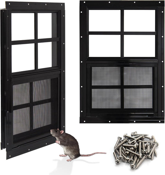 NeatiEase Upgraded Shed Windows 2 Pack, 14" x 21" Windows with Tempered Glass and Stainless Steel Screen for Shed, Chicken Coop, Playhouse, Household, Garage(Black)