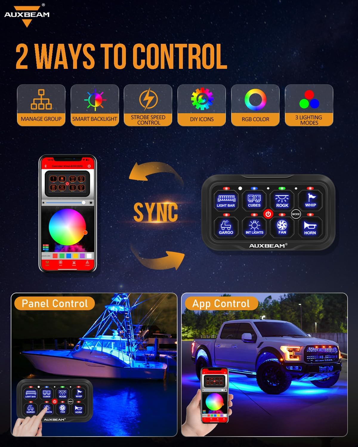 Auxbeam 8 Gang Switch Panel Bluetooth AR-800 RGB Switch Pod with Backlit Off Toggle Momentary Pulsed Auxiliary Switch Panel for Truck SUV ATV Marine RV Multifunction 12-24V Waterproof 2 Years Warranty