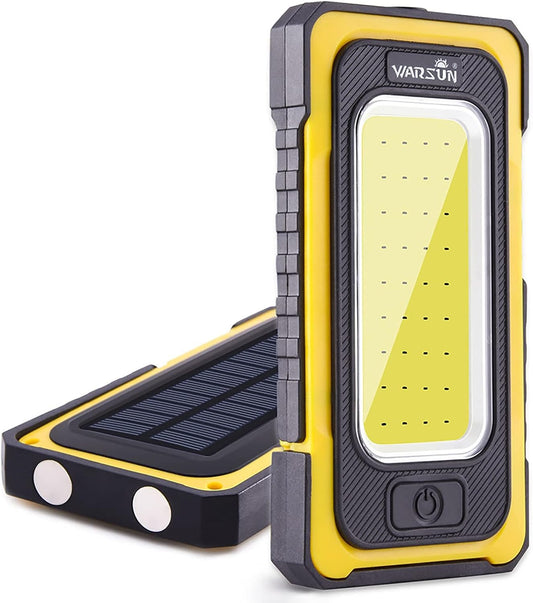 WARSUN Portable Rechargeable Magnetic Work Light, LED Flood Light Waterproof for Outdoor Camping Hiking Emergency Car Repairing (USB + Solar Charging, Yellow)