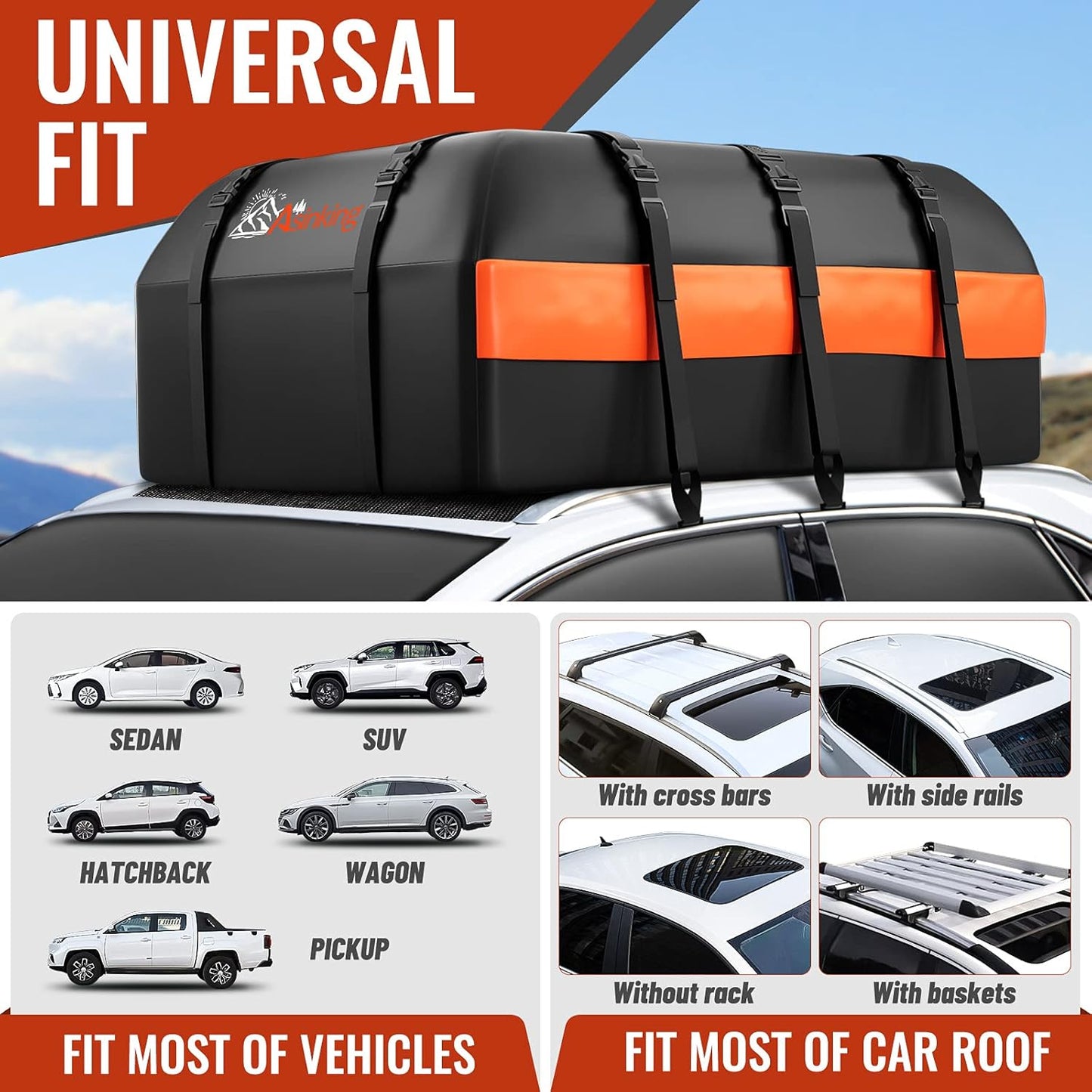 Car Rooftop Cargo Carrier Bag, 15 Cubic Feet Waterproof Heavy Duty 840D Car Roof Bag for All Vehicle with/Without Racks - Anti-Slip Mat, 6 Door Hooks, Storage Bag, 2 Extra Straps, Luggage Lock
