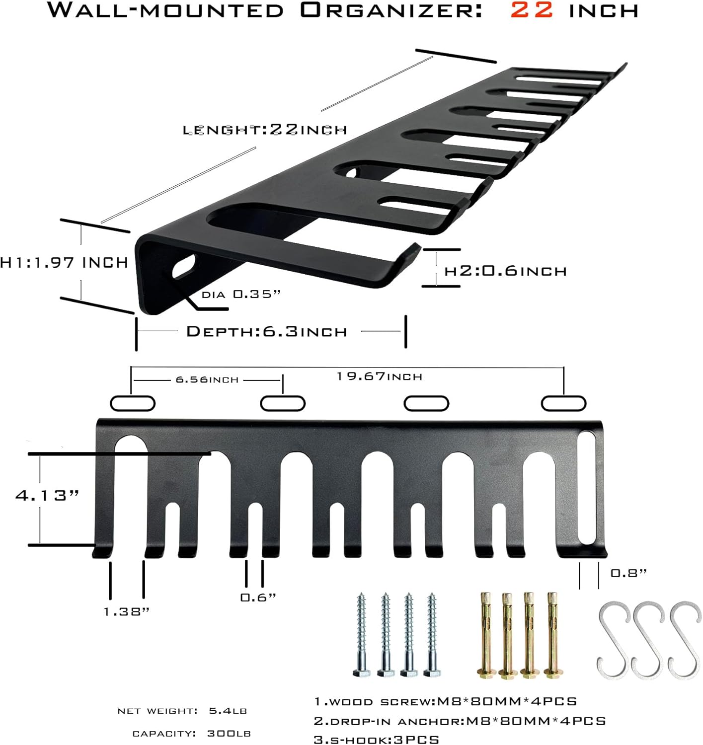 22‘’/25‘’/31‘’Black Wall-Mounted Tool Storage Rack, Suitable for Outdoor Garden, Space-Saving, Strong Storage Capacity.Barbell Wall Rack.Weight Capacity: 300 LB.-350LB