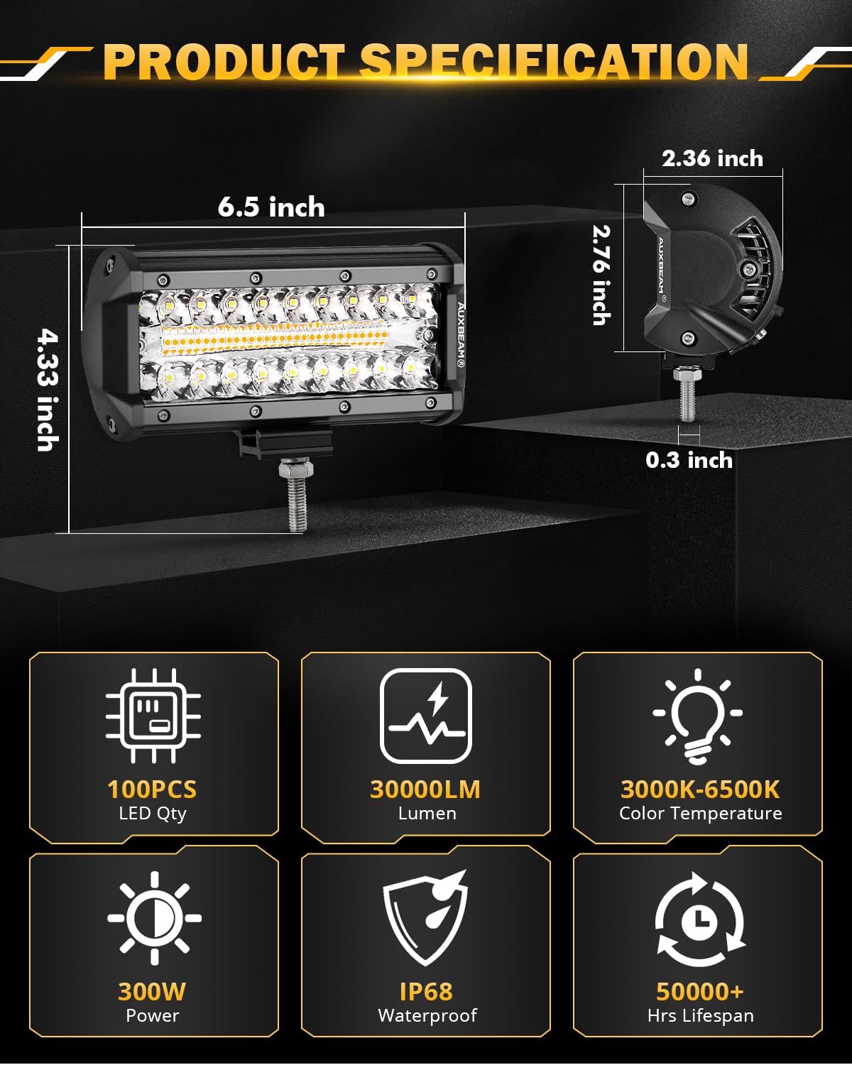 Auxbeam 7 Inch 300W LED Light Bar, 6 Modes Strobe Amber Pod Lights Yellow Fog Light Dual Color Spot Flood Offroad Driving Lights, Memory Function LED Work Lights for Truck Car ATV