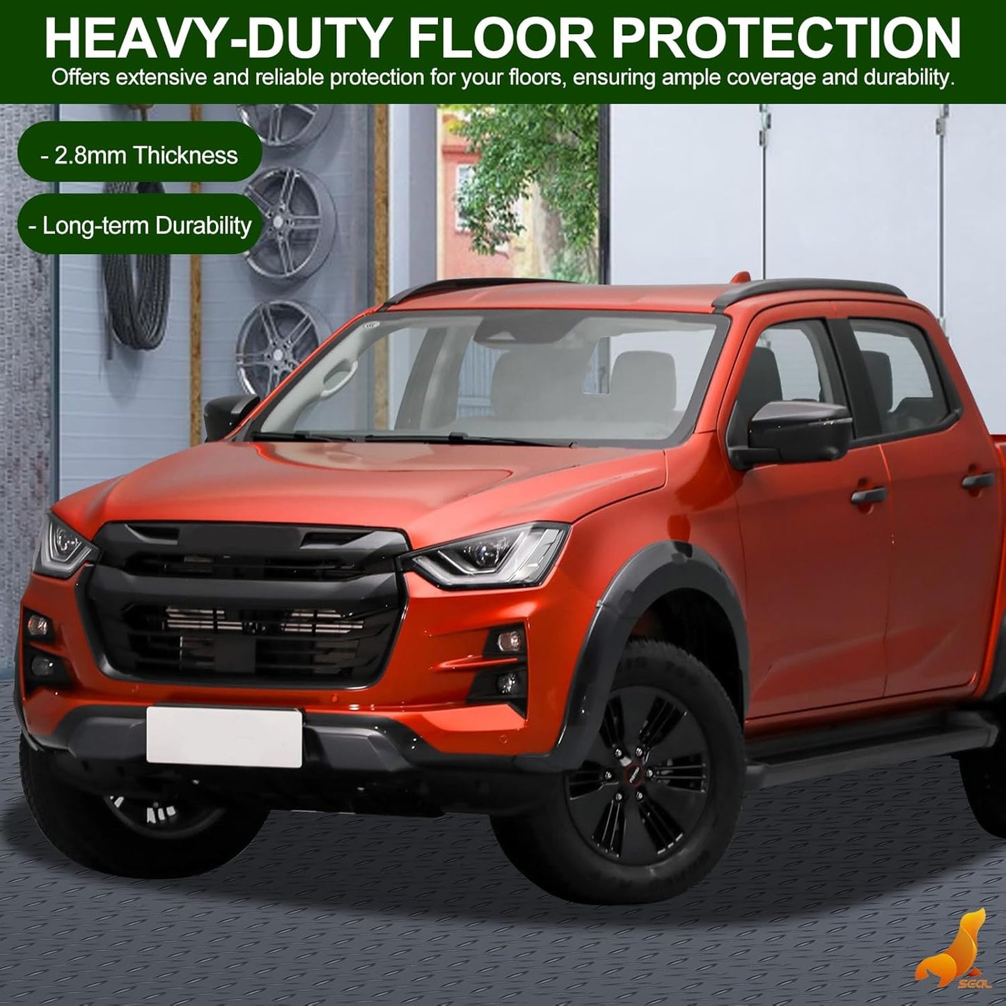 SEAL 6 x 20 Ft Premium Garage Floor Mat, Solid 2.8mm Thick Gray Commercial Grade Heavy Duty Parking Mat for Garage Floor, Golf Cart Parking, Water/Stain Resistant Floor Runner (Embossed Diamond Plate)