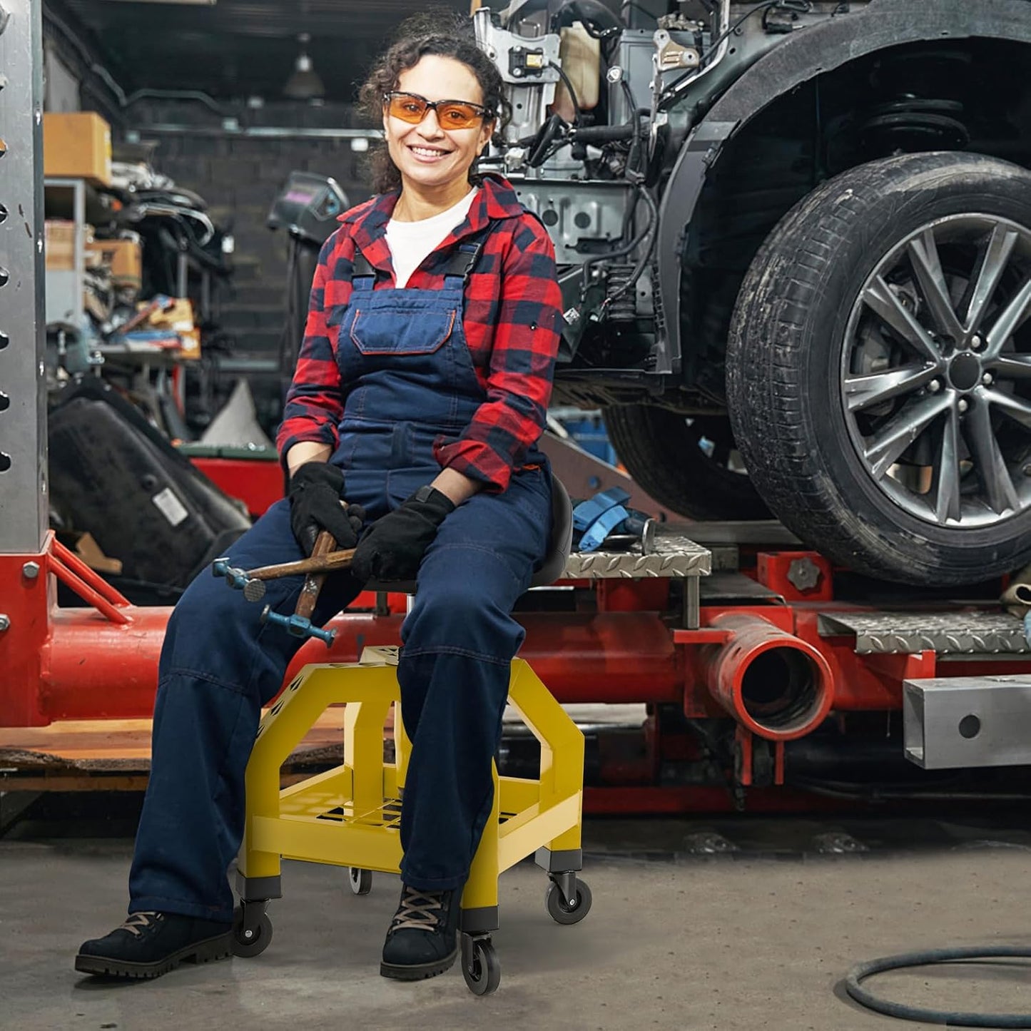 Goplus Rolling Garage Stool, 22.5”-27.5” Adjustable Mechanic Chair with Padded Seat, 330LBS Capacity, Tool Tray, Heavy Duty Creeper Seat, 360° Swivel Shop Stool for Workshop