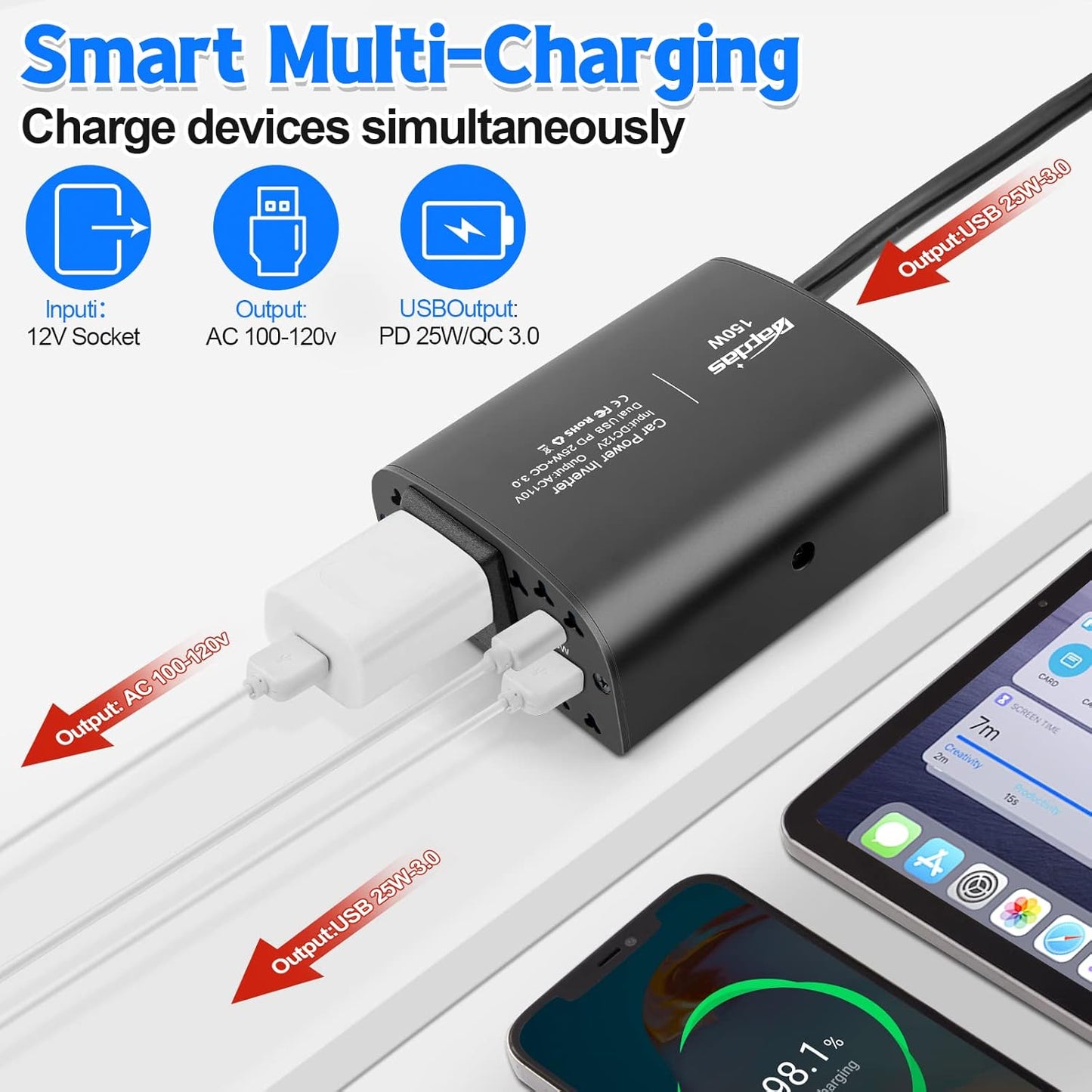 150W Car Power Inverter DC 12V to 110V AC Car Outlet Adapter with PD 25W &QC3.0 USB Ports Laptop Car Charger