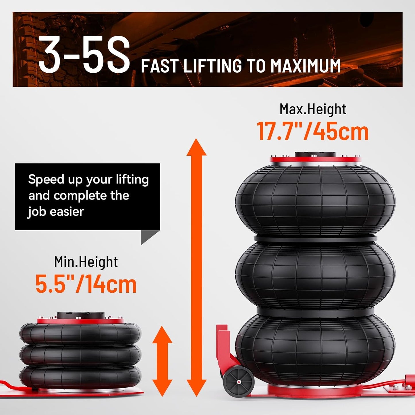 Air Jack, 5 Ton/11000 lbs Triple Bag Car Jack, Airbag Jack with Six Steel Pipes, Lift up to 17.7 inch, 3-5 s Fast Lifting Pneumatic Jack with Long Handle for Cars, Garages, Repair(Red)