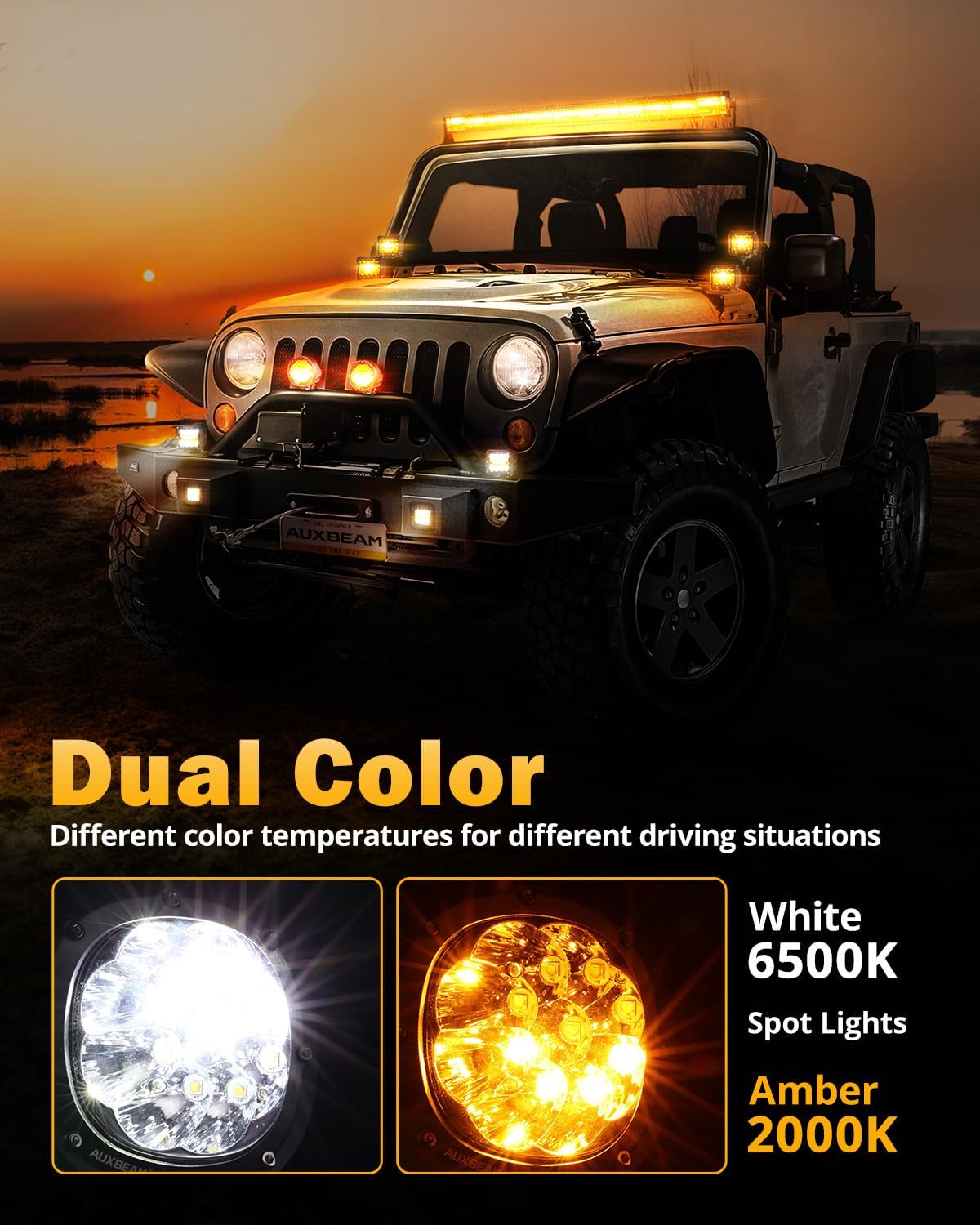 Auxbeam 6 Modes Amber White Round LED Pods, P4 Series 4 Inch 90W Flashing Offroad Strobe Lights, Dual Color Warning Off Road Fog Lights, 4x4 ATV Car Truck Spotlights, Pair