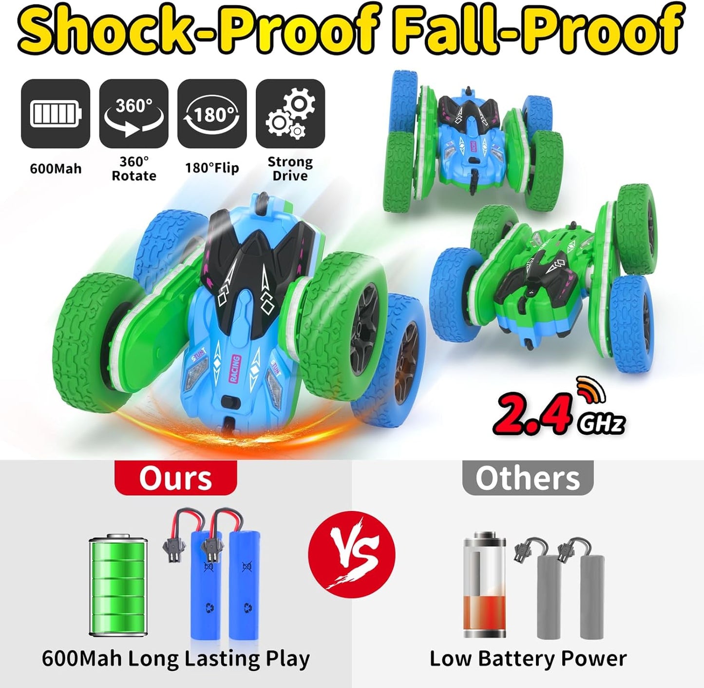 Remote Control Car, RC Cars Toys for Boys Age 5-7, RC Stunt Car Toy with Strip Lights and Headlights, 2.4 Ghz 600mAh Double-Sided 360° Rotating 4WD RC Cars, Fast Race Car Rechargeable Toy for Boys