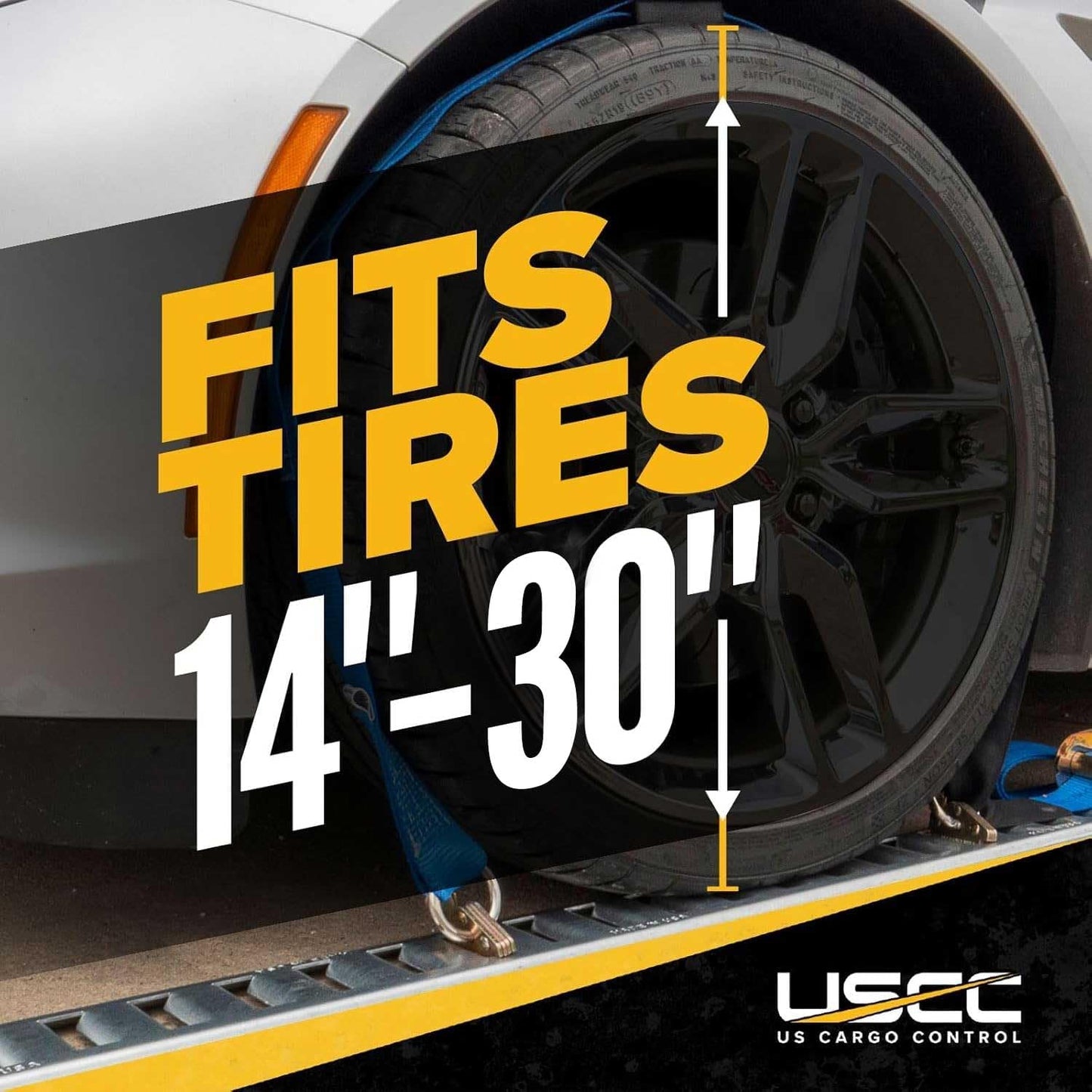 US Cargo Control E Track Wheel Straps with E-Track Fittings & Three Rubber Blocks (4-Pack), 2 Inch x 11 Foot Car Tie Down Straps for Trailers, Fits Tires 14-30 Inches, 12,000 LBS Break Strength