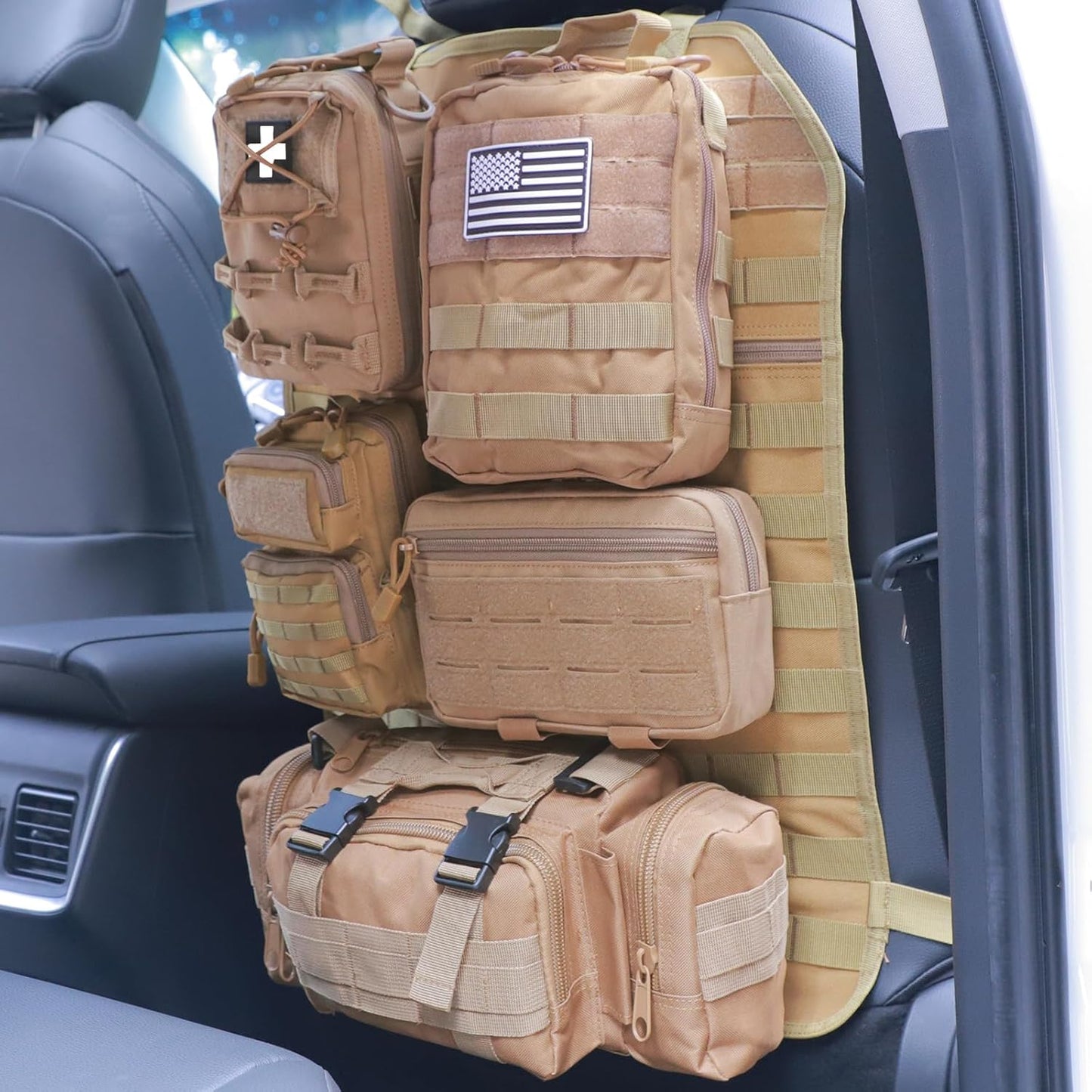 Universal Tactical Seat Back Organizer Vehicle Molle Panel Organizer Storage Bag with 5 Detachable Molle Pouch for All Vehicel Such as Jeep,Truck,SUV, Car, Ford,Chevy etc