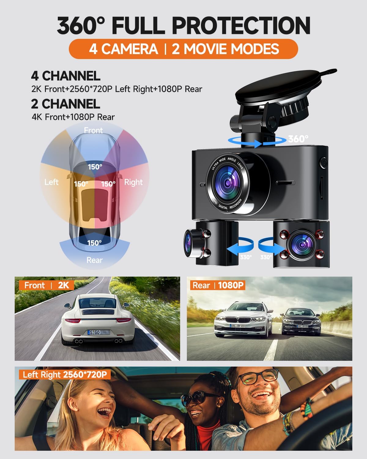 Dash Cam 360°, Dash Camera for Cars Front and Rear Inside, 4 Channel 4K/2K FHD Mini Dashcam, Built-In WiFi, GPS,with 64GB Card, Voice Control, WDR,HDR,Night Vision, 24/7 Parking Mode(Upgraded Version)