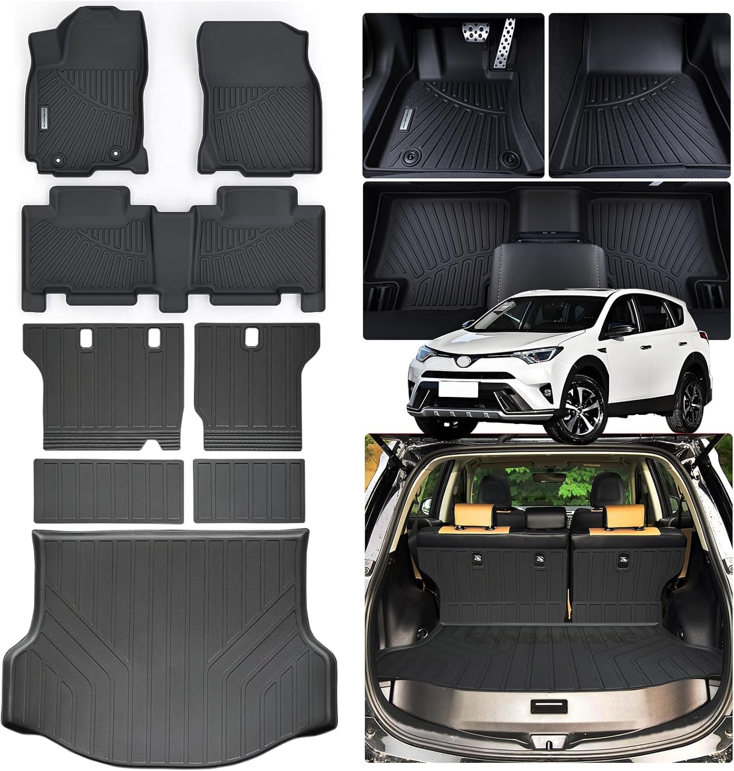 Floor Mats & Trunk Mat Backrest Mat for Toyota RAV4 2013-2017 2018（Not for Hybrid or Prime） TPE All Weather Protection 2 Rows Full Set Car Mats with Velcro Rear Seats Backrest