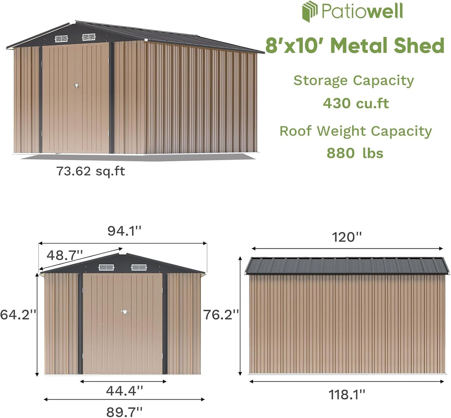 Patiowell 8x10 FT Outdoor Storage Shed, Large Garden Tool Metal Shed with Sloping Roof and Double Lockable Door, Outdoor Shed for Backyard Garden Patio Lawn, Brown