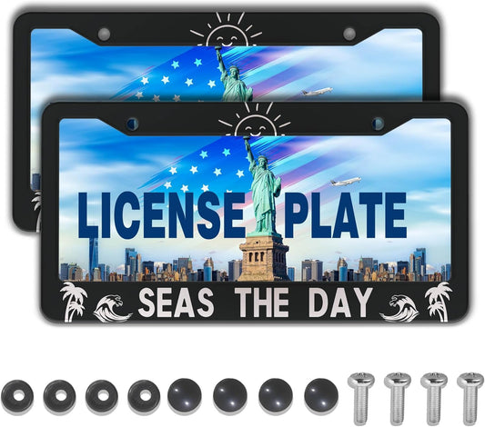 License Plate Frames for Men Black and White License Plate Cover for Women Seas The Day Aluminum Metal Car Accessory 2 Pack with Screw Covers Set