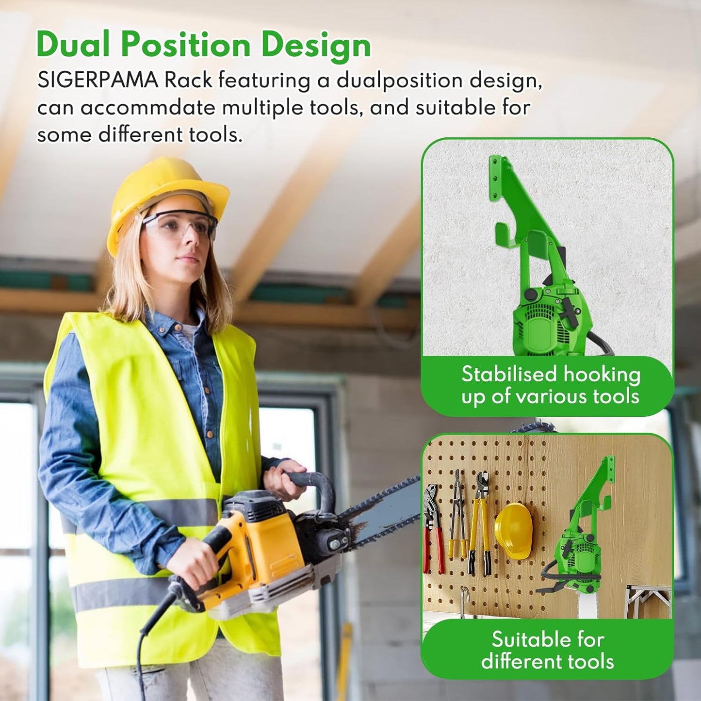 Chainsaw Hanger,2pcs Ideal for Adult Garage Tool Organizer. This Chainsaw Accessory Rust Proof Alloy Steel Construction with Powder Coating, Perfect Wall Mount Solution for Your Chainsaw.(green)