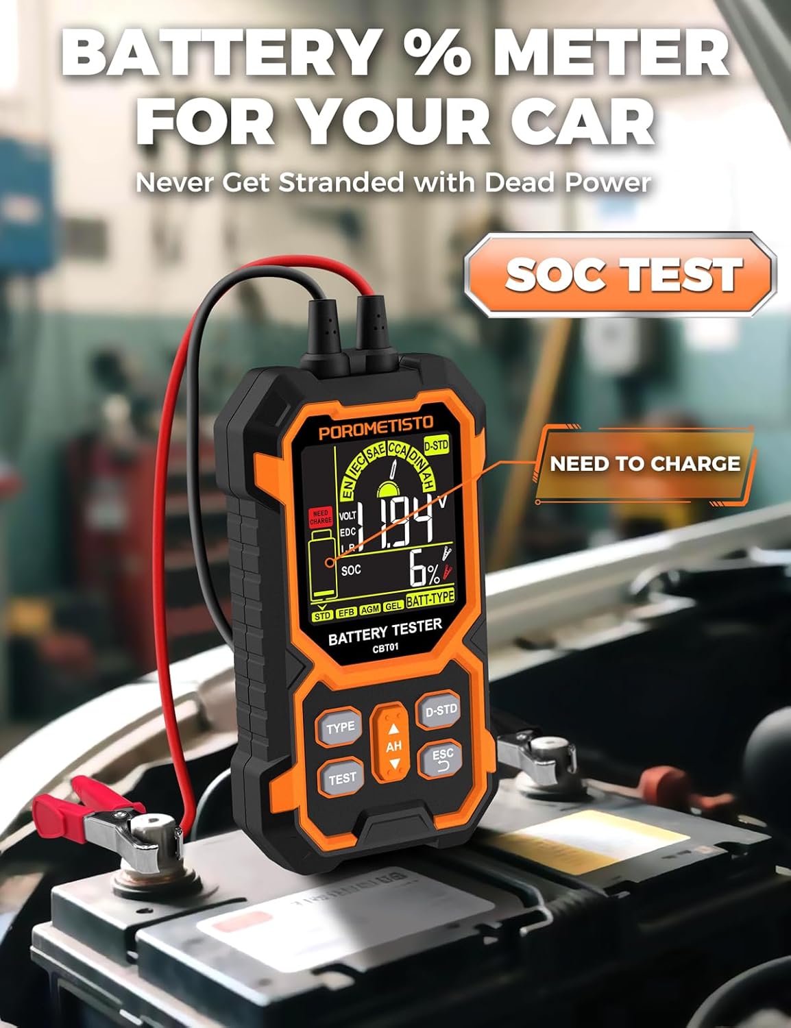 12V 24V Car Battery Tester, POROMETISTO CBT01 Automotive Battery Checker, Auto Battery Voltage Internal Resistance Tester, Battery Analyzer Tester for Car Truck Motorcycle SUV Boat ATVs RVs