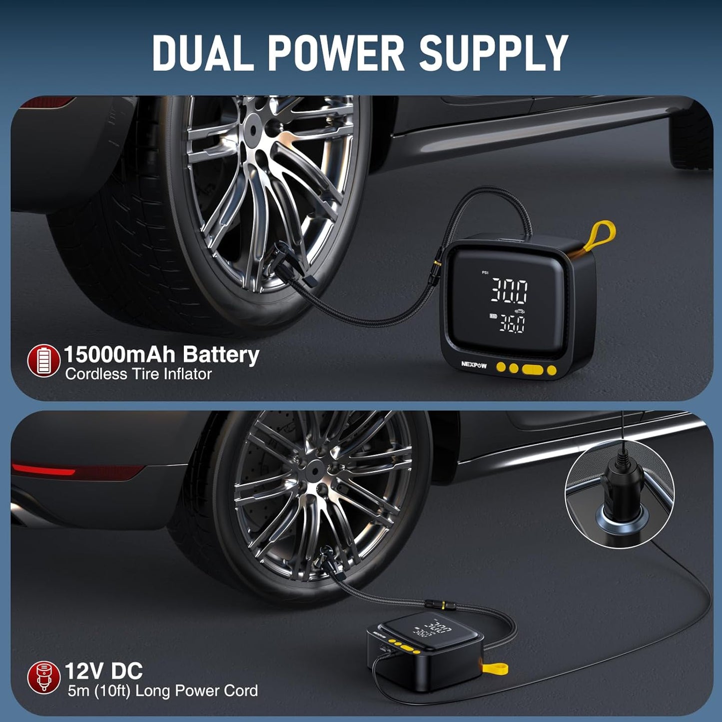 NEXPOW Tire Inflator Portable Air Compressor, 180 PSI Cordless Air Pump for Car Tires with Digital Pressure Gauge & Auto Shut-Off, Air Compressor Portable for Car, Motorcycle, Bicycle, Ball, Yellow