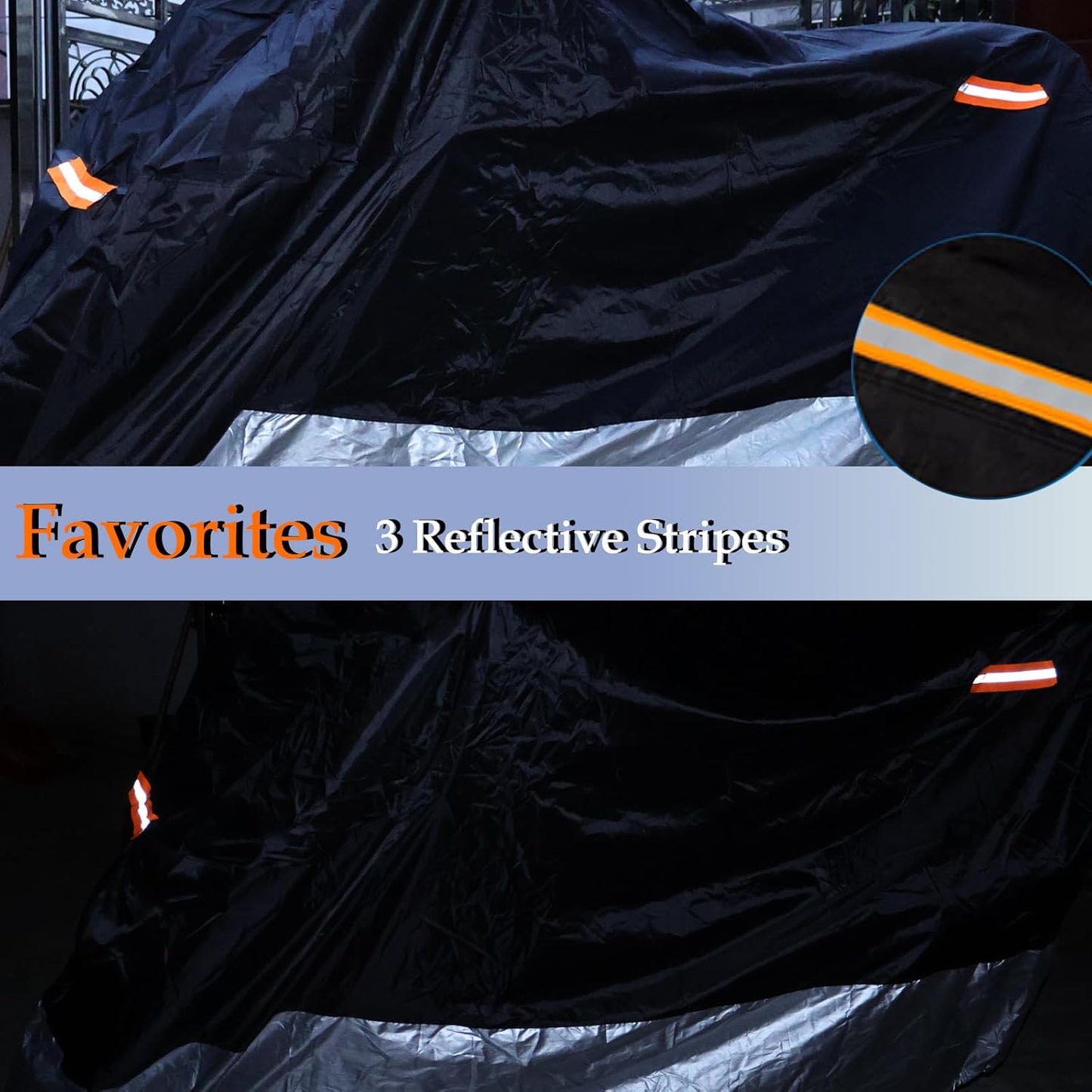 Motorcycle Cover, 210D Oxford Cloth, with Reflective Stripes, Waterproof Outdoor Protection, All-Weather Universal car Cover, with Lock Holes and Storage Bag. (Black Silver, 96.5")