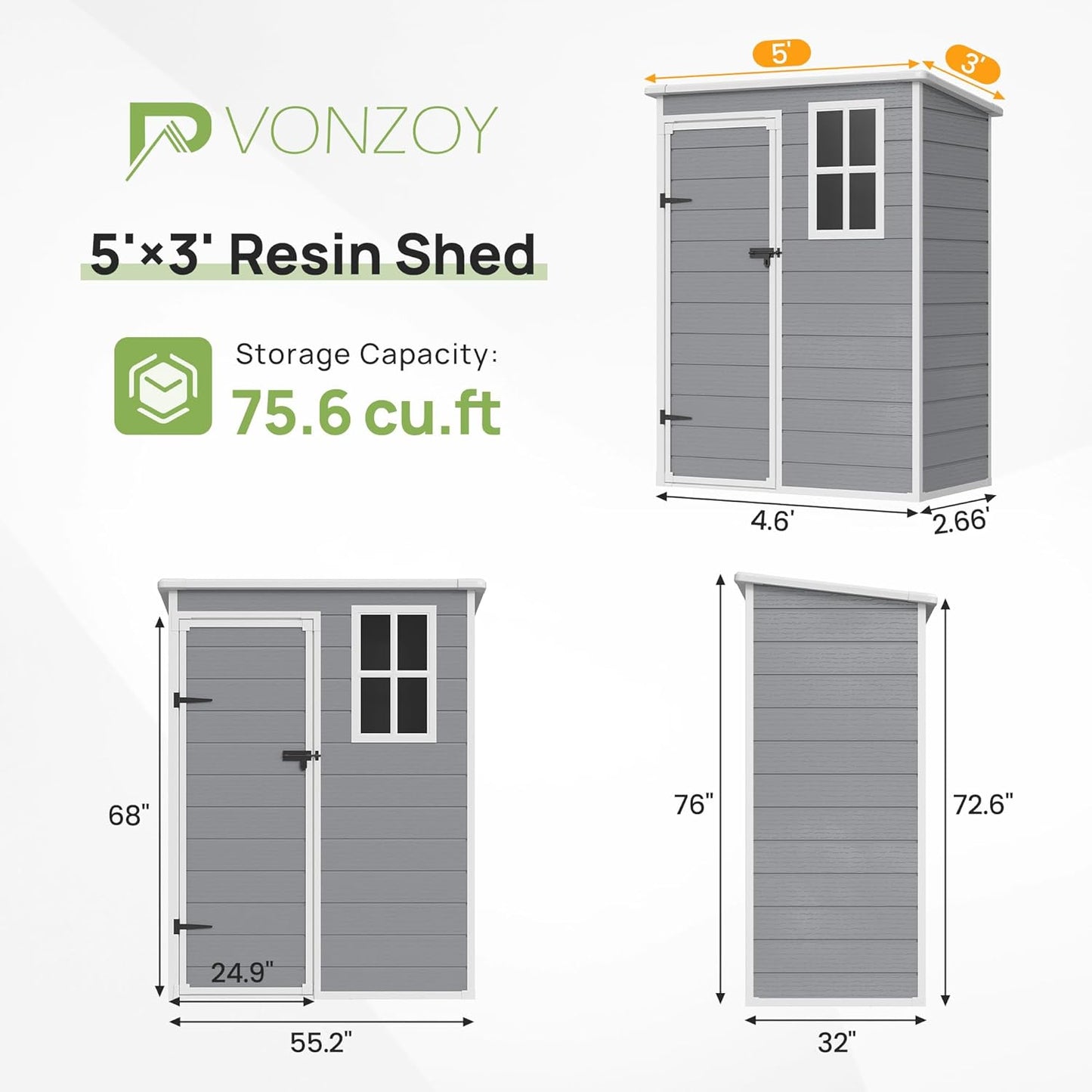 Resin Outdoor Storage Shed, 5x3FT Plastic Garden Shed with Floor, Lockable Door & Window, Waterproof Tool Shed for Backyard Garden Patio Lawn Grey White