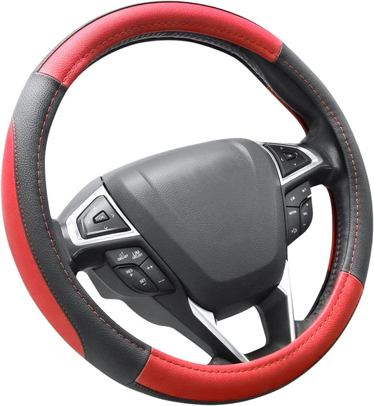 SEG Direct Car Steering Wheel Cover Universal Standard Size 14.5-15 inch, Black and Red Microfiber Leather
