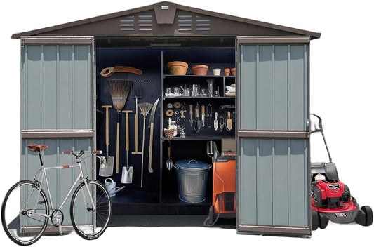 IKERY Metal Storage Shed 8.2' x 6.2' with Double Lockable Doors & Air Vents - Utility Tool Shed for Backyard, Patio, Garden - Brown