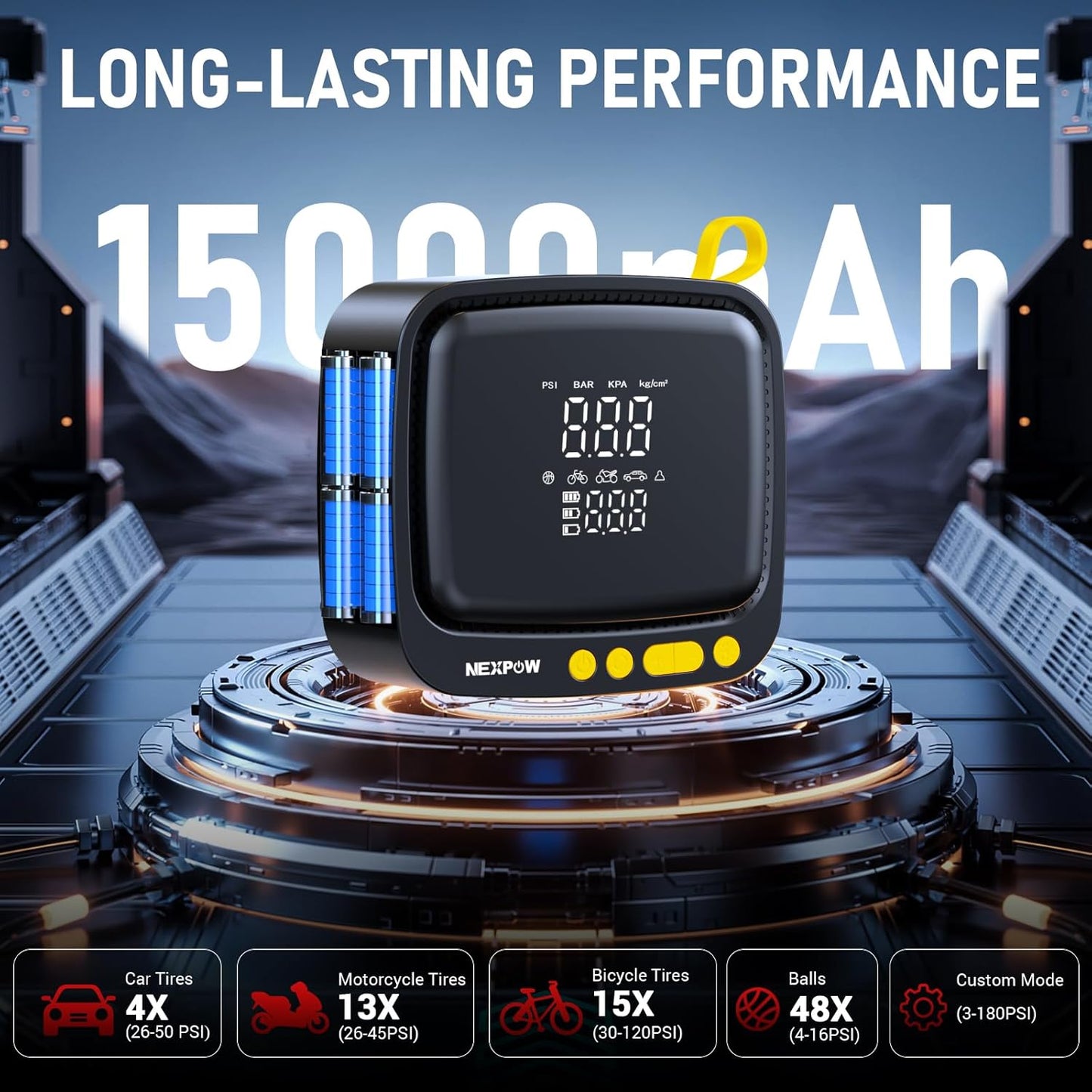 NEXPOW Tire Inflator Portable Air Compressor, 180 PSI Cordless Air Pump for Car Tires with Digital Pressure Gauge & Auto Shut-Off, Air Compressor Portable for Car, Motorcycle, Bicycle, Ball, Yellow