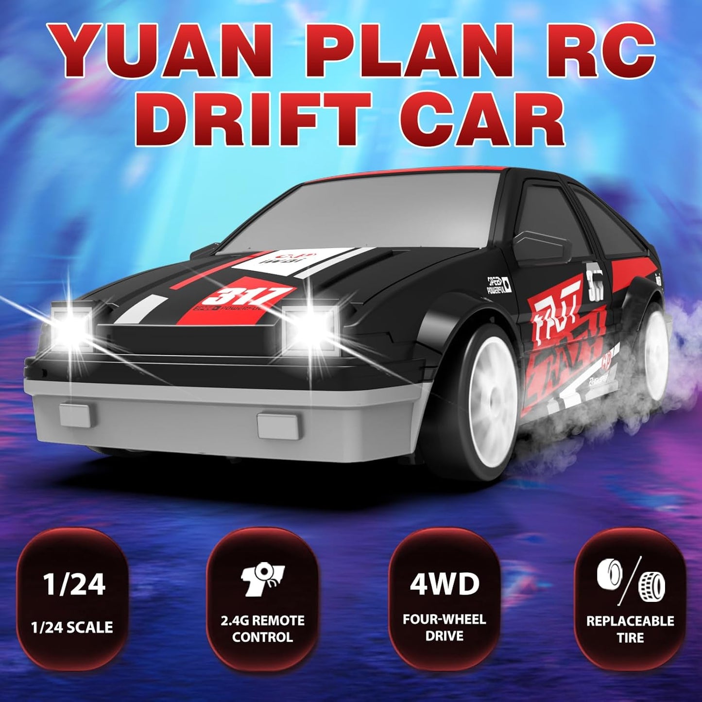Remote Control Car 1/24 2.4GHz 4WD RC Drift Car, High Speed Drifting RC Cars with Cool Lights, Two Batteries and Extra Tires Toy Cars for Kids Boys Girls Adults, Black