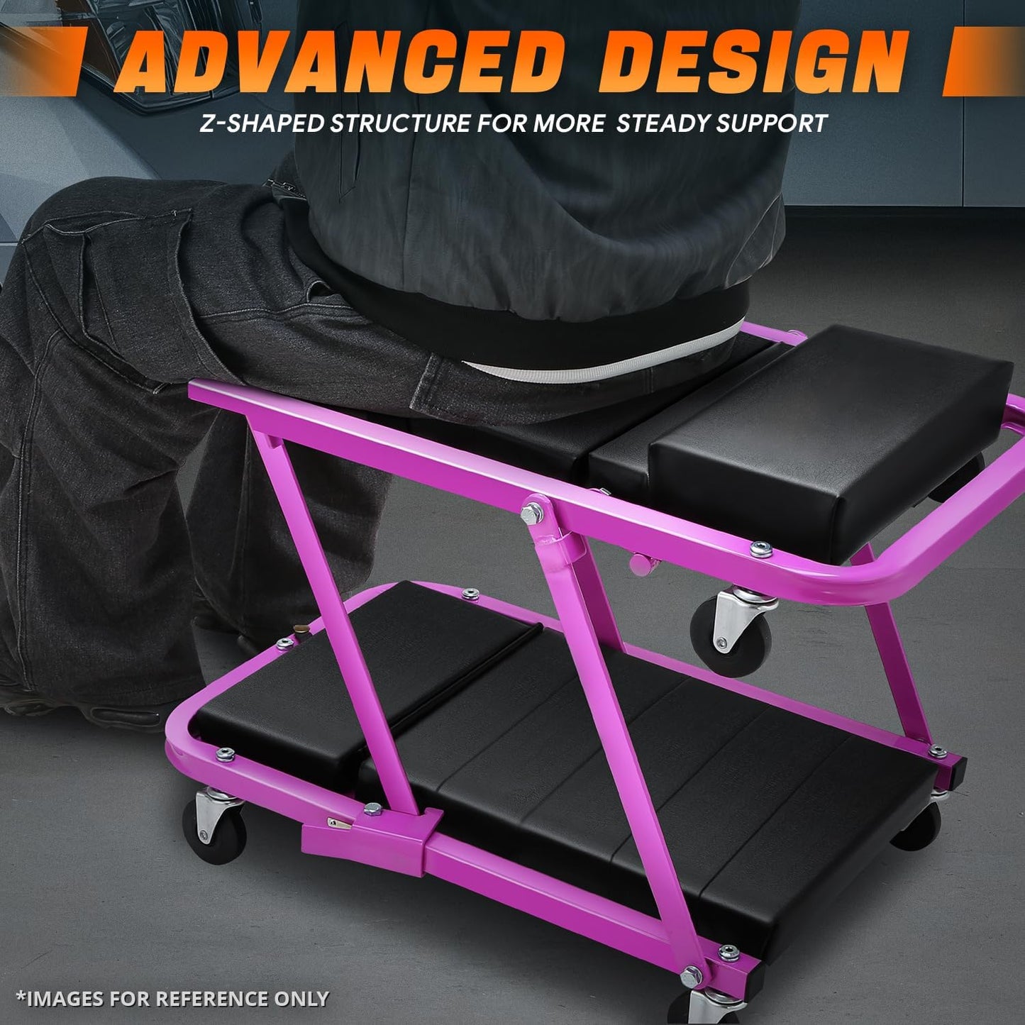 DNA MOTORING 48" 2 IN 1 Folding Rolling Garage Shop Creeper Roller Seat, 7 Pcs 2" Casters, 350 Lbs Weight Capacity, Purple, TOOLS-00193-PR