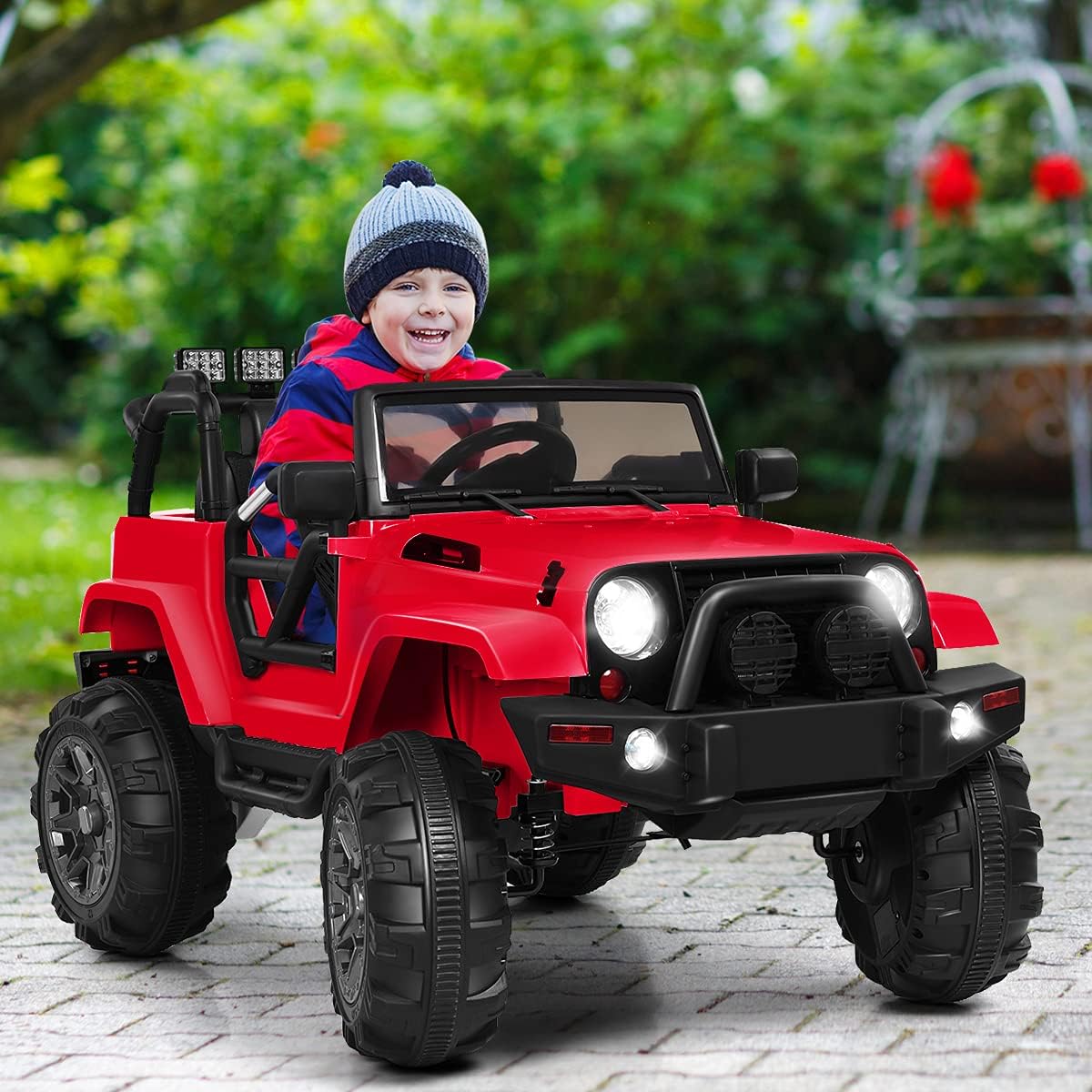 Costzon Ride On Car, 12V Battery Powered Electric Ride On Truck w/Parental Remote Control, LED Lights, Double Open Doors, Safety Belt, Music, MP3 Player, Spring Suspension (Red)