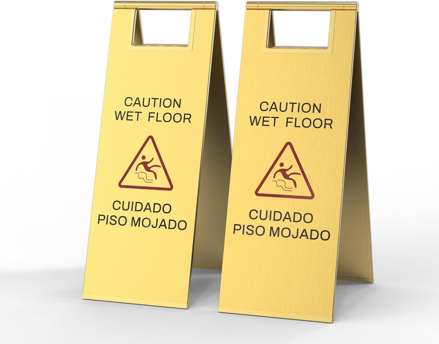 Stainless Steel Wet Floor Sign 2 Pack, 24 Inch Double-Sided Foldable Caution Sign with Handle, 8.8 lb Bilingual Warning for Restaurant, Office, Commercial Cleaning Use, Gold