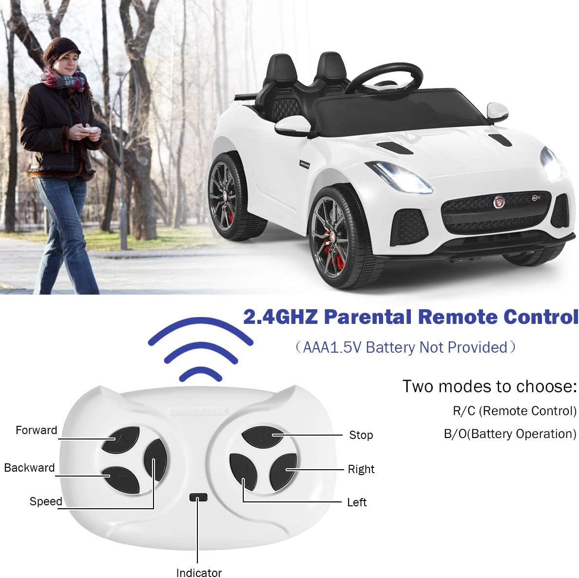 Costzon Ride on Car, 12V Licensed Jaguar F-Type SVR Battery Powered Kids' Electric Vehicles w/Remote Control, Front/Rear Lights, MP3/Music/3 Speeds/Spring Suspension, Kids Car Toy for Toddler(White)