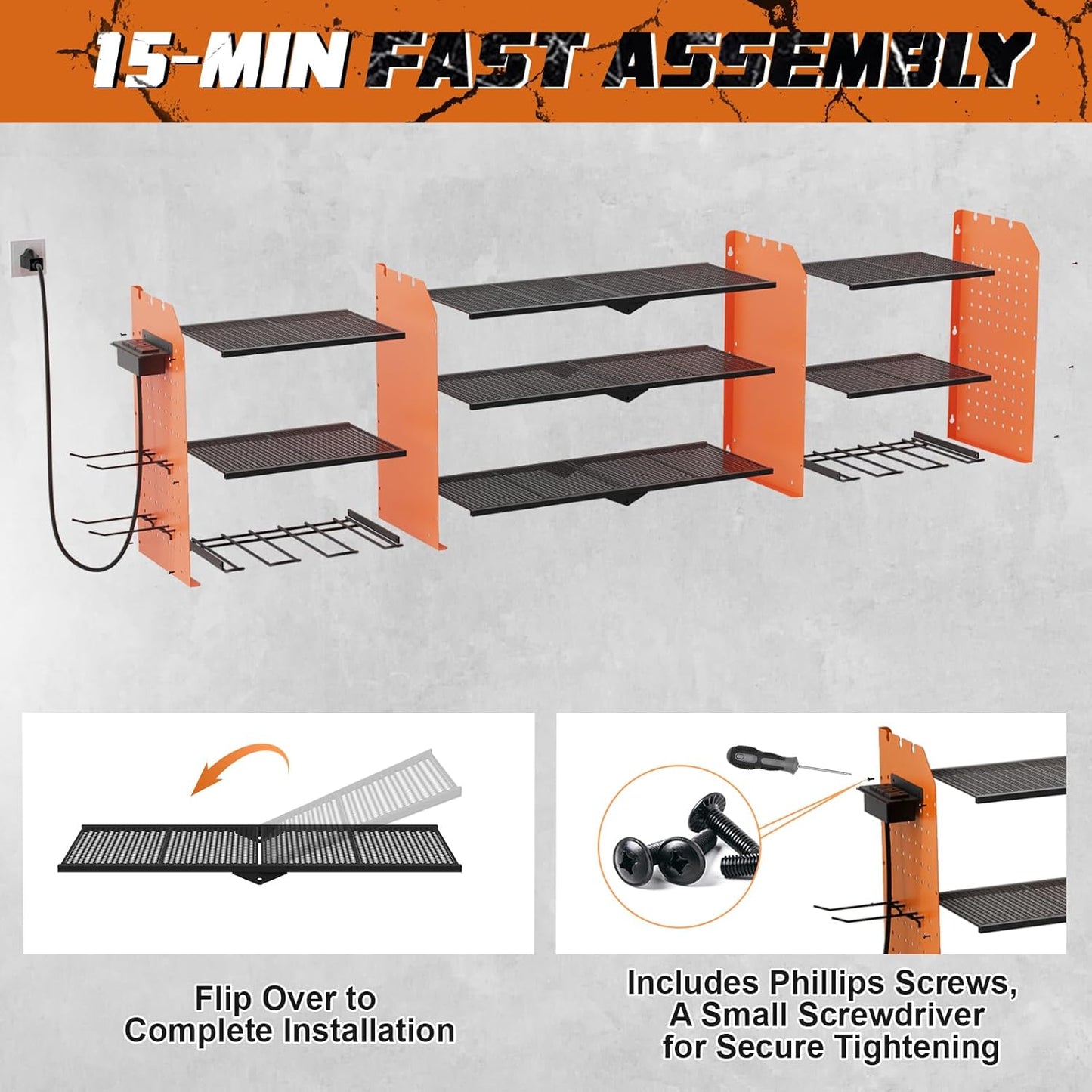 Power Tool Organizer Wall Mount, Expanded Width Garage Storage 3 Layer Heavy Duty Power Tool Storage Rack, 45.5" Battery Tools Holder with Charging Station Shelf