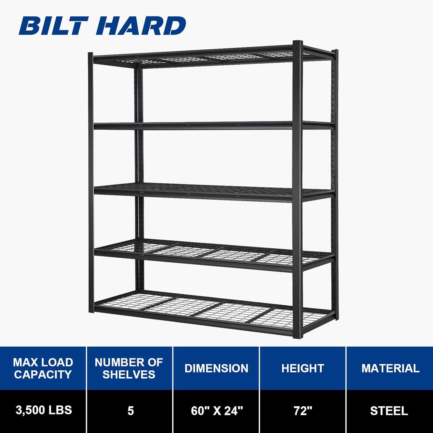 BILT HARD 60" W x 24" D Garage Shelving 3500 LBS, 72" H Storage Shelves, Heavy Duty 5-Tier Metal Shelving Units with Adjustable Shelf, Steel Wire Utility Storage Shelves