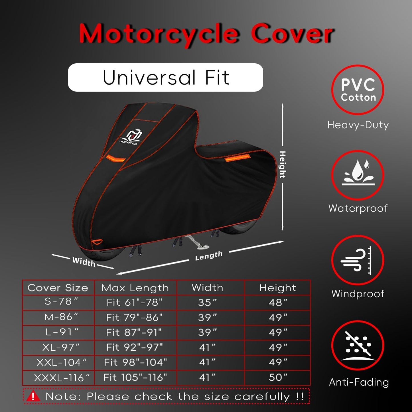 Motorcycle Cover | Heavy Duty PVC | Soft Inner Cotton | Waterproof Outdoor | All Season Universal | 4 Reflective Strips | 3 Windproof Straps | 1 Lock Hole | 1 Storage Bag | (Black, XL, 97")