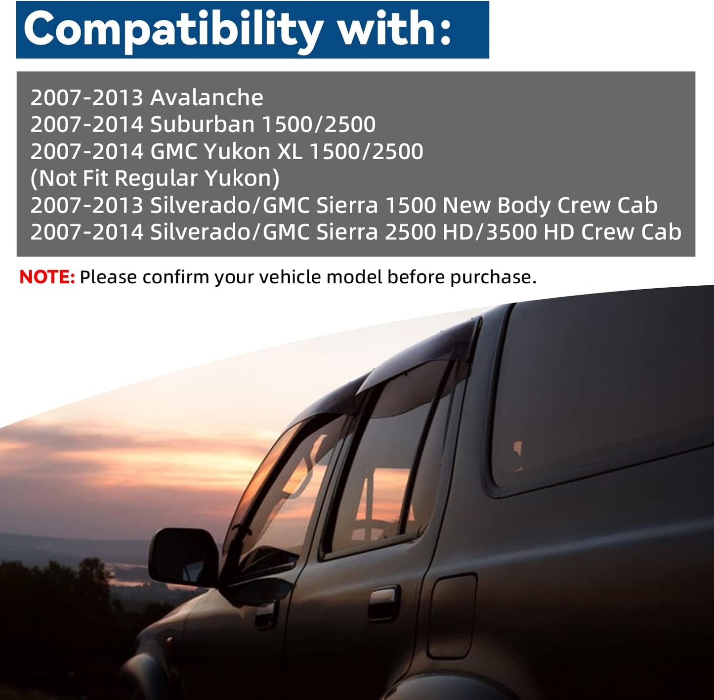 Set of 4 Front+Rear Smoke Sun/Rain Guard Outside Mount Tape-On Acrylic Window Visors Compatible with 07-14 Avalanche Suburban Yukon XL Silverado Sierra 1500 2500 3500 HD Crew Cab