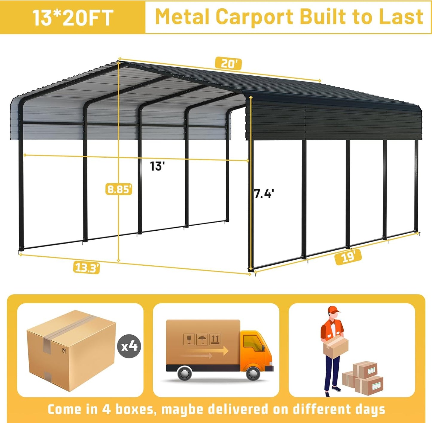 Metal Carport 13 * 20 FT with Enhanced Base Heavy Duty Garage with Galvanized Steel Roof Multi-Use Shelter Outdoor for Car, Pickup, Boat and Tractors