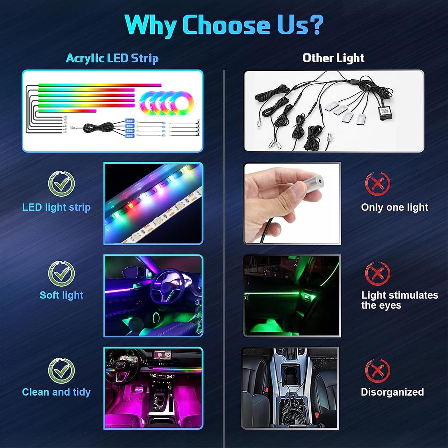WEBUPAR Dreamcolor Acrylic Car Interior Led Kit, Car Accessories 22 in 1 RGB Car Ambient Lighting Kits with APP Control and 213 Color Modes, Multicolor RGBW Neon Car LED Strip Lights with Music Mode
