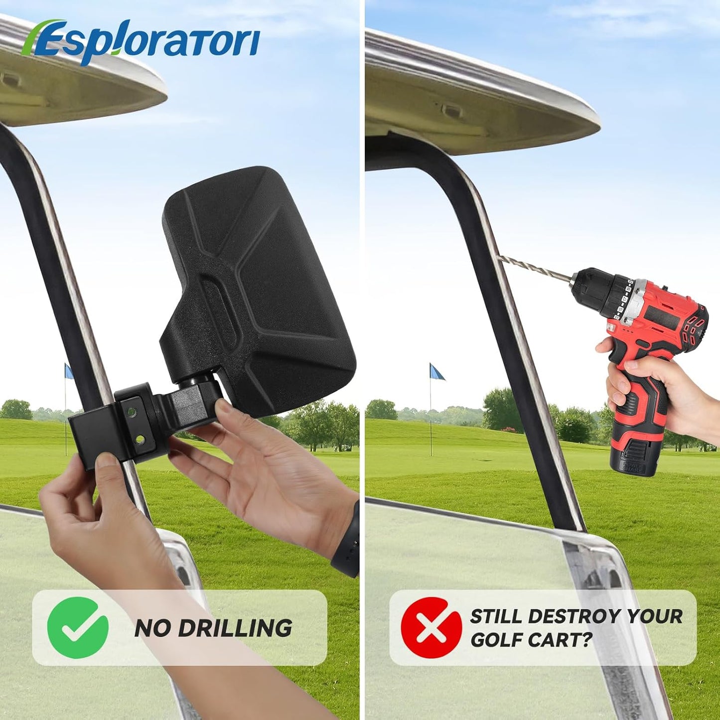 Upgraded Golf Cart Side Mirrors Full Package Tube&No Drilling,Fit for 0.75"-1.35" Square Tube,Adjustable Clips Golf Cart Mirror Compatible with Club Car EZGO Yamaha ICON