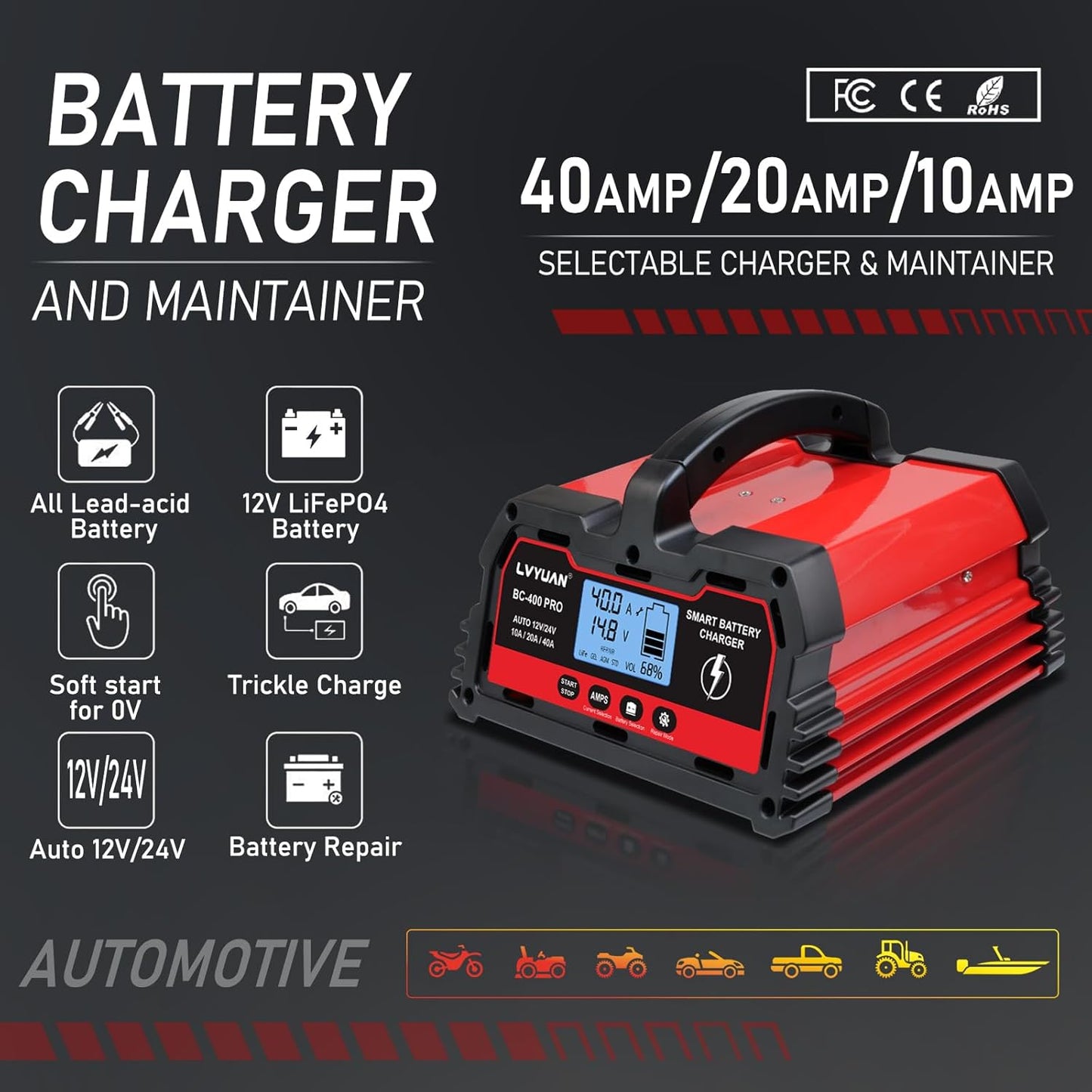 LVYUAN 40Amp Smart Car Battery Charger, 12V/24V Automotive Charger, Lead-Acid Battery, LiFePO4 Battery Maintainer with LCD Display, Trickle Charger, for Lawn Mower, Motorcycle, AGM, STD, Gel, EFB,etc