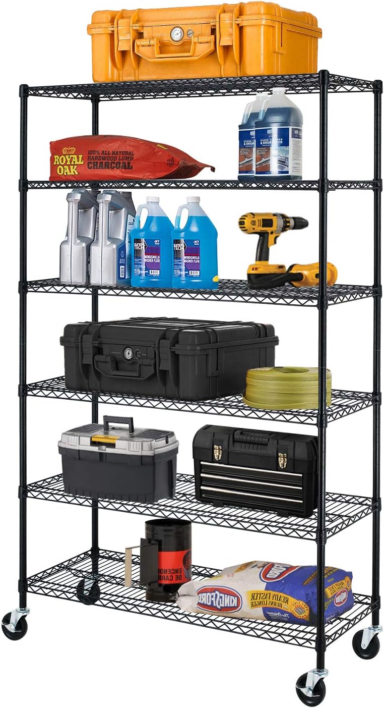 BestOffice NSF Wire Shelving Unit 6-Shelf Large Storage Shelves Heavy Duty Metal Wire Rack Height Adjustable Commercial Grade Utility Storage Rack on 4" Casters 6000LB Capacity 18x48x76,Black