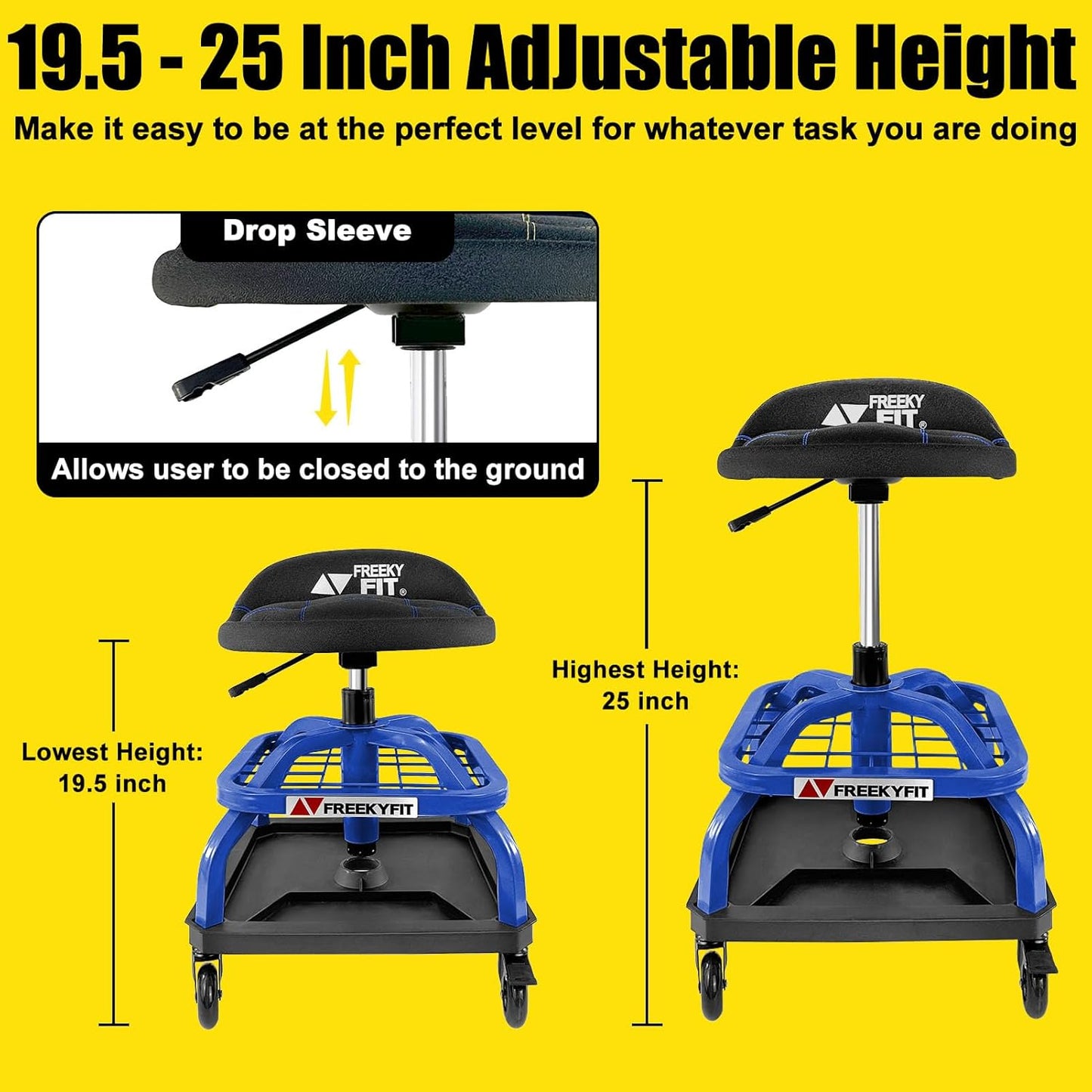 Rolling Shop Stool with Wheels, Garage Work Mechanic Stool with Backrest, Roller Mechanic Chair, Adjustable Height, 360° Swivel, Tool Tray Storage, 330 LBS Capacity, Heavy Duty, Blue