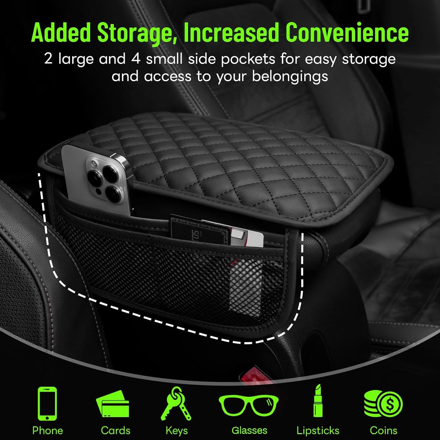 Car Center Console Cover with 6 Storage Pockets, Leather Car Arm Rest Cover Thickened Cushion, Universal Vehicle Armrest Pad Interior Protector, Black