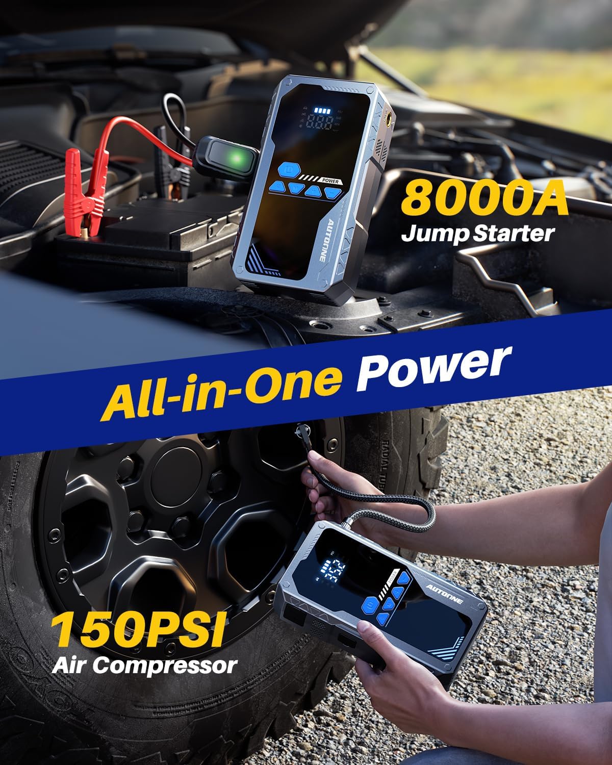 AUTOONE 8000A Jump Starter with Air Compressor (All Gas/12L Diesel), 150PSI Car Jumper Starter Portable, Jump Box Tire Inflator with LED Flashlight, LCD Display, Storage Case