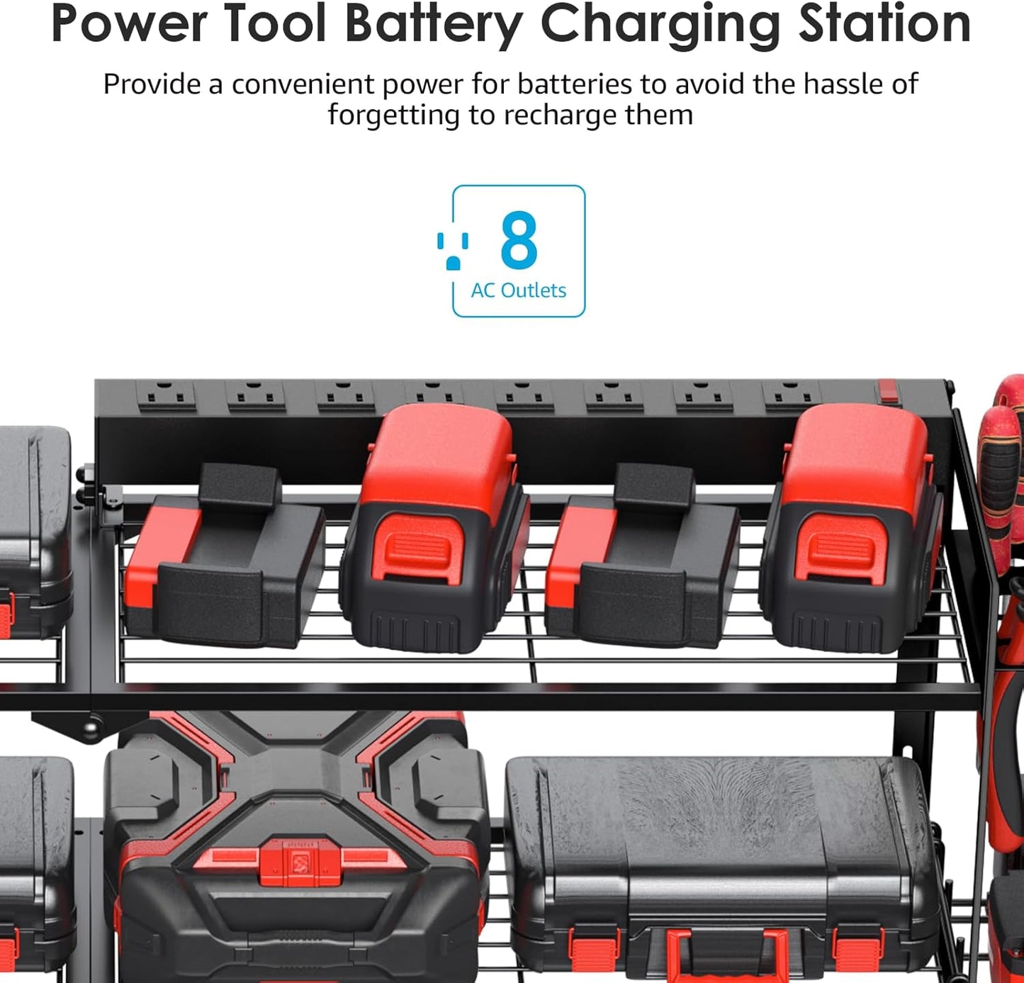CCCEI Large Garage Tools Storage with Charging Station. Power Tool Battery Organizer Utility Shelf with Power Strip. 4 Drills Holder Wall Mount Rack.