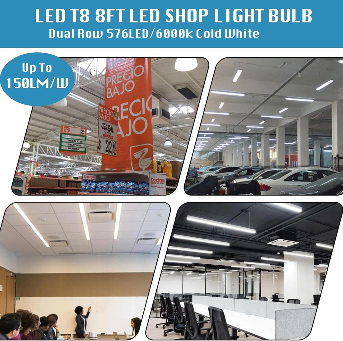 12 Pack,Led Shop Lights, 8FT Led Shop Light,100W 6000K 15000LM Clear White,Led Shop Light 8FT 110V Linkable Integrated Flat-Shape for Shop Garage,Warehouse,