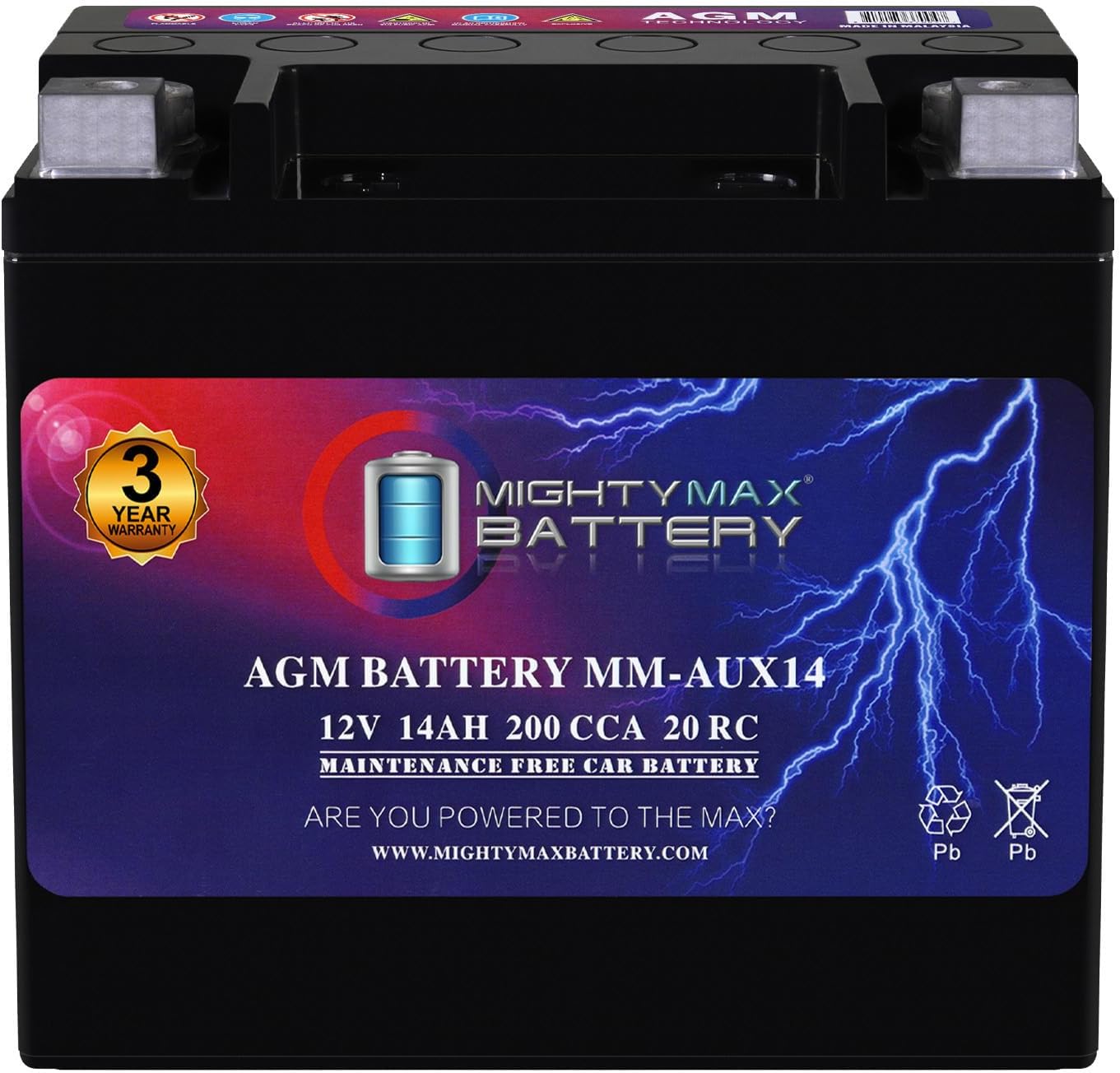 Mighty Max Battery MM-AUX14 Auxiliary Battery 12V 14Ah, 20RC, 200 CCA Rechargeable AGM Car Battery