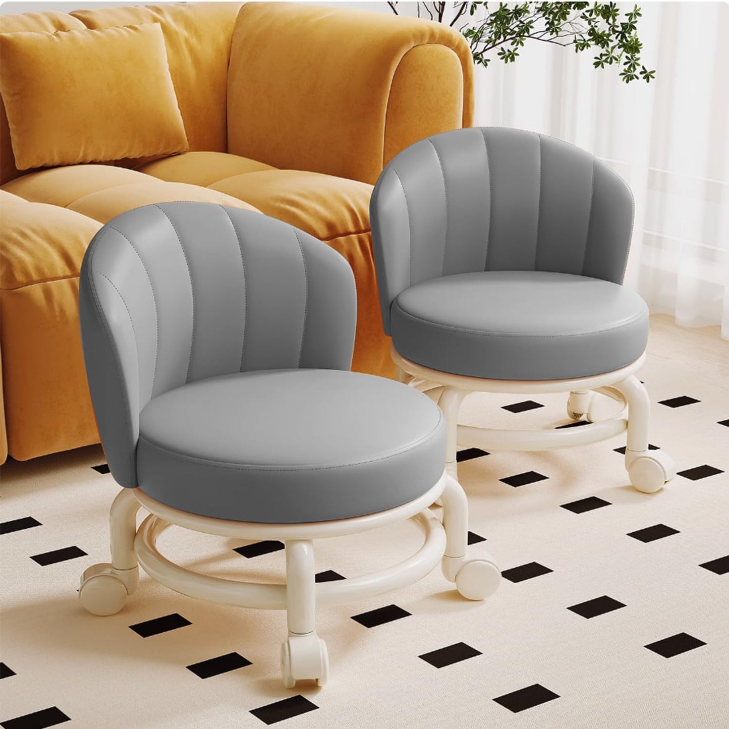 Low Rolling Stool with Backrest,Rolling Pedicure Seat,Low Stool with Wheels for Home, Office, Garage, Shop, Library (Gray)