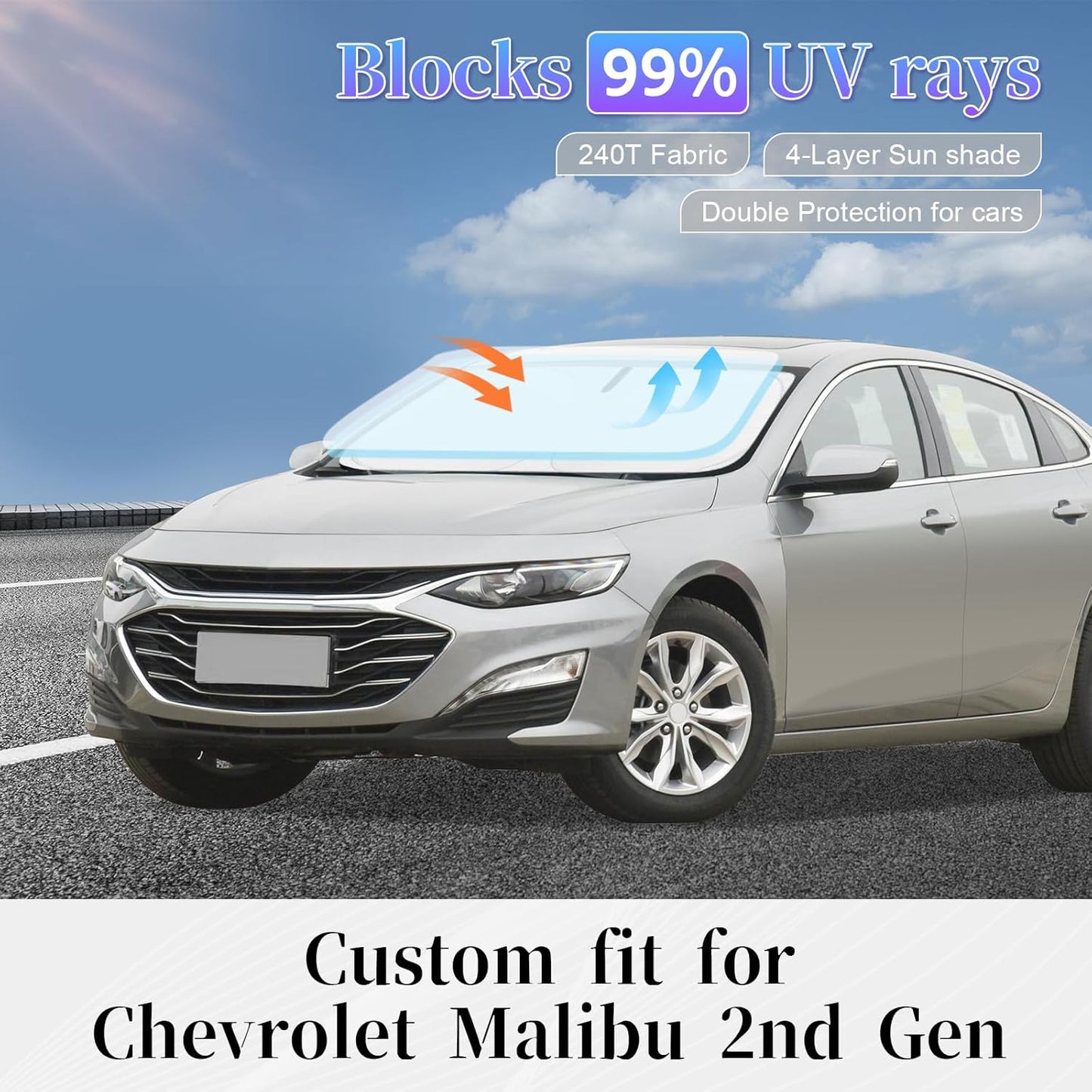 Sun Shade Sunshade for Chevrolet Malibu Windshield Cover, 4-Layer Front Window Shade Custom fit Chevy Malibu 2016-2024 2025 Sun Visor 240T Retractable Shade Blocks UV Rays Cooler Car Accessories