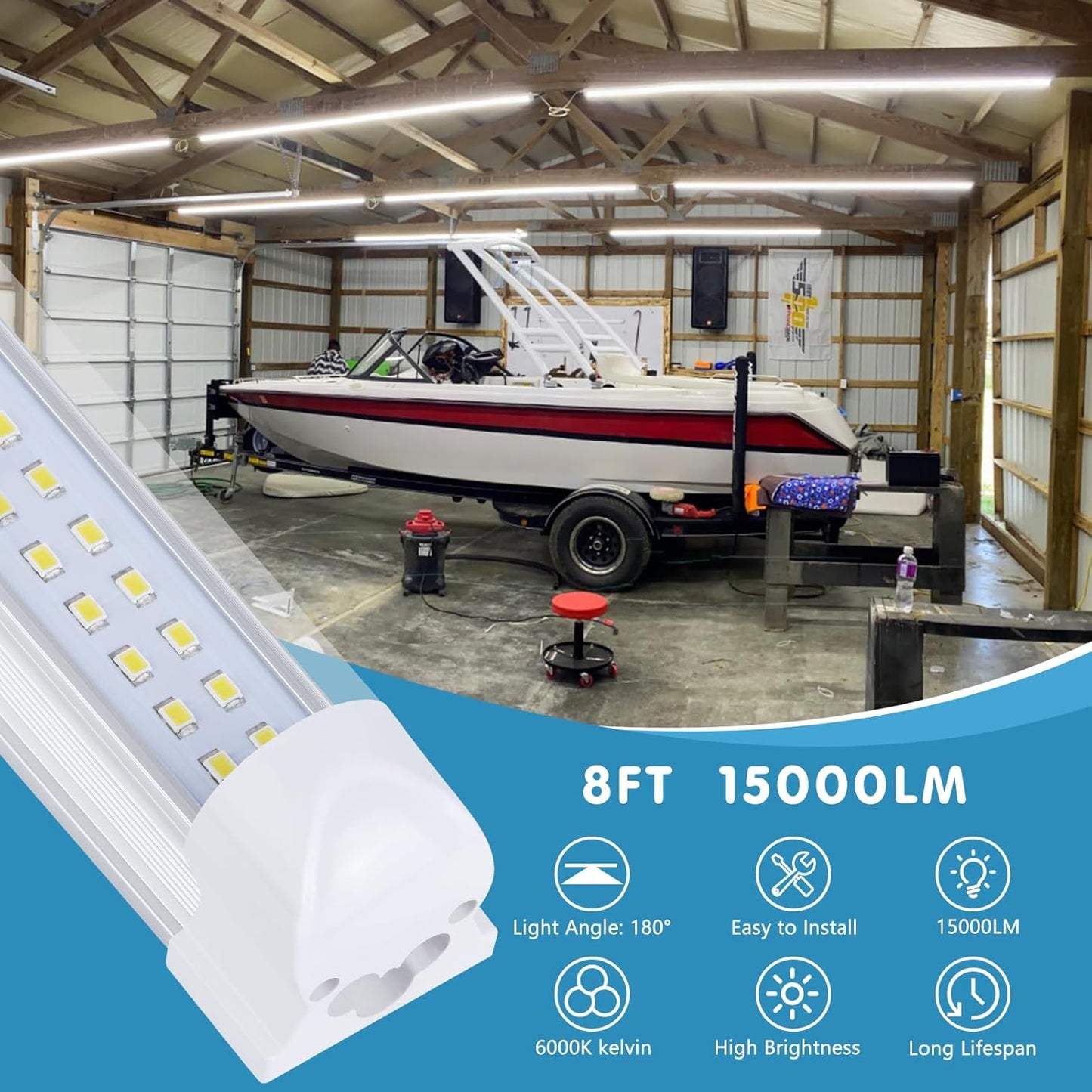 12 Pack,Led Shop Lights, 8FT Led Shop Light,100W 6000K 15000LM Clear White,Led Shop Light 8FT 110V Linkable Integrated Flat-Shape for Shop Garage,Warehouse,